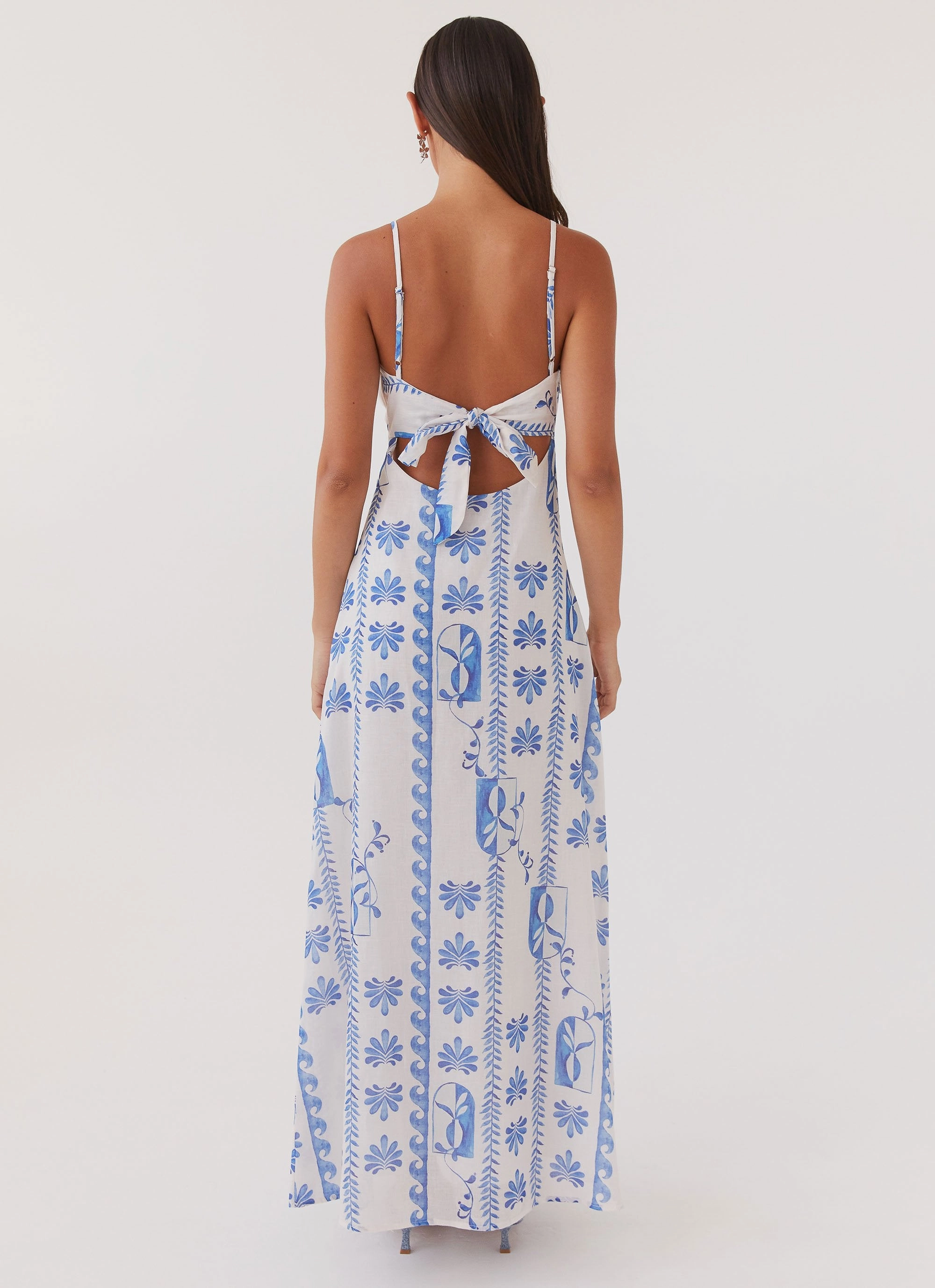 One-Shoulder Sleek Layer Flora Linen Maxi Dress - Floral Wave