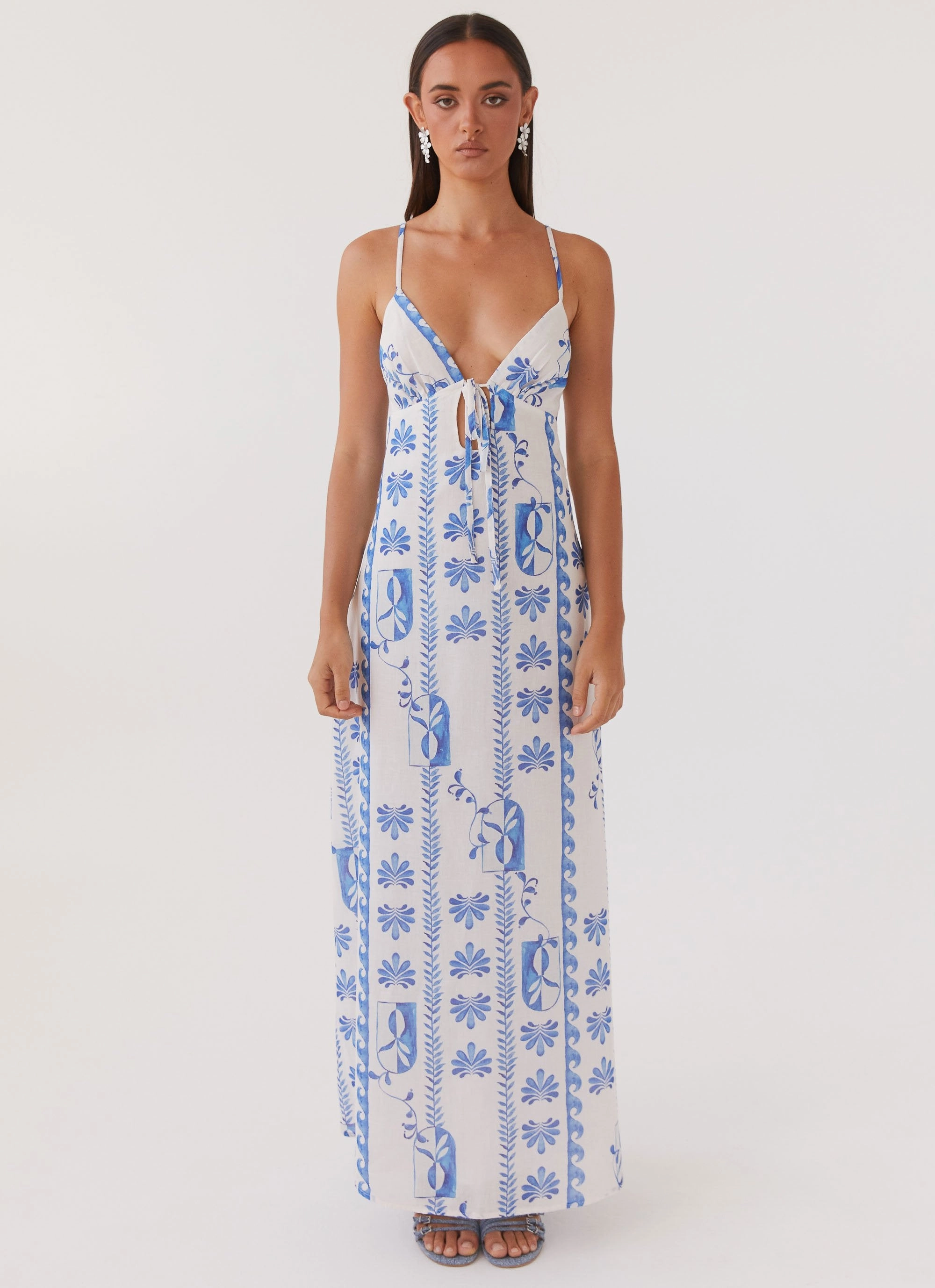 Flattering Waist Design Flora Linen Maxi Dress - Floral Wave