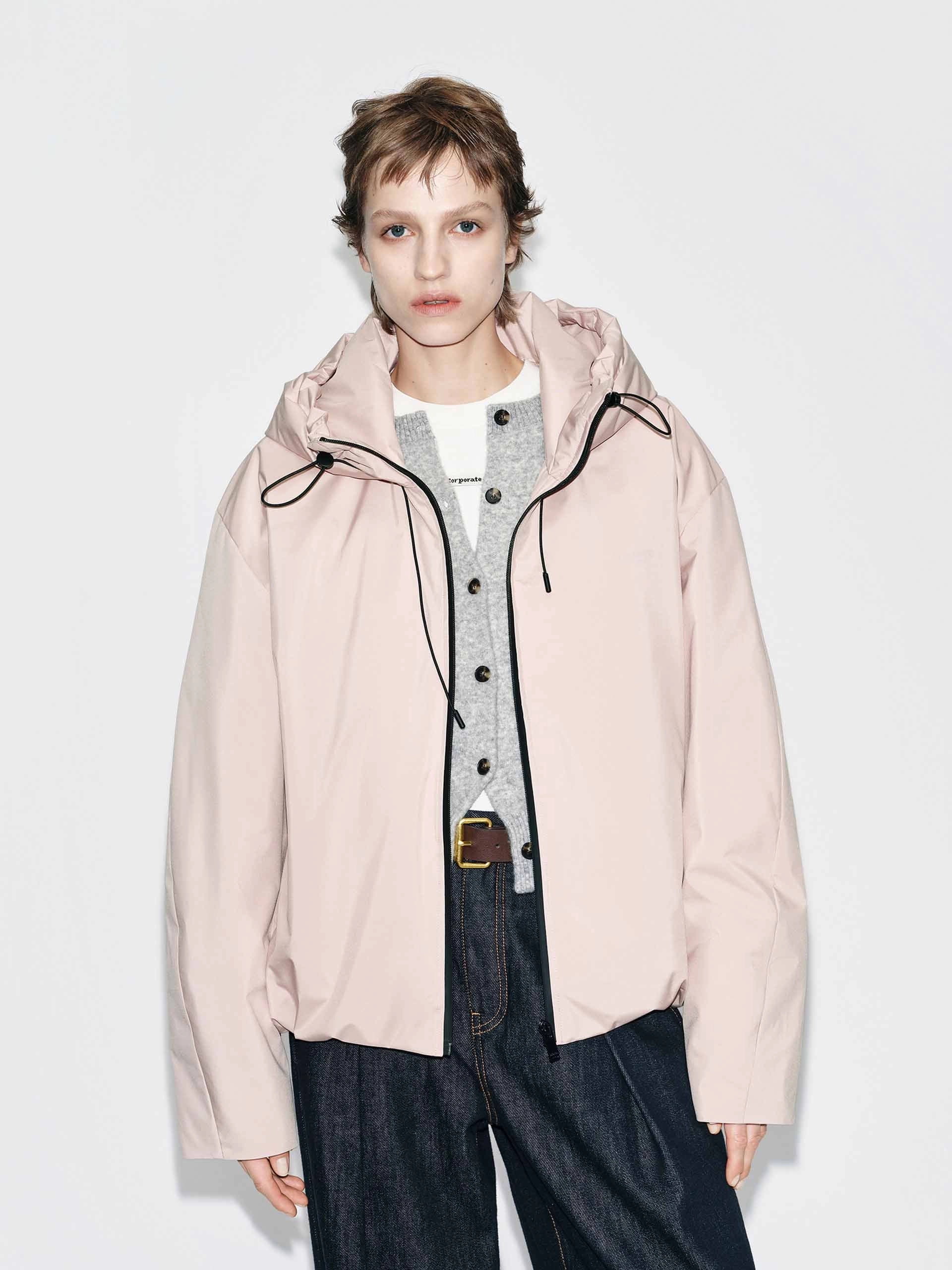 Drawstring Hooded Down Jacket Anti Static Interior