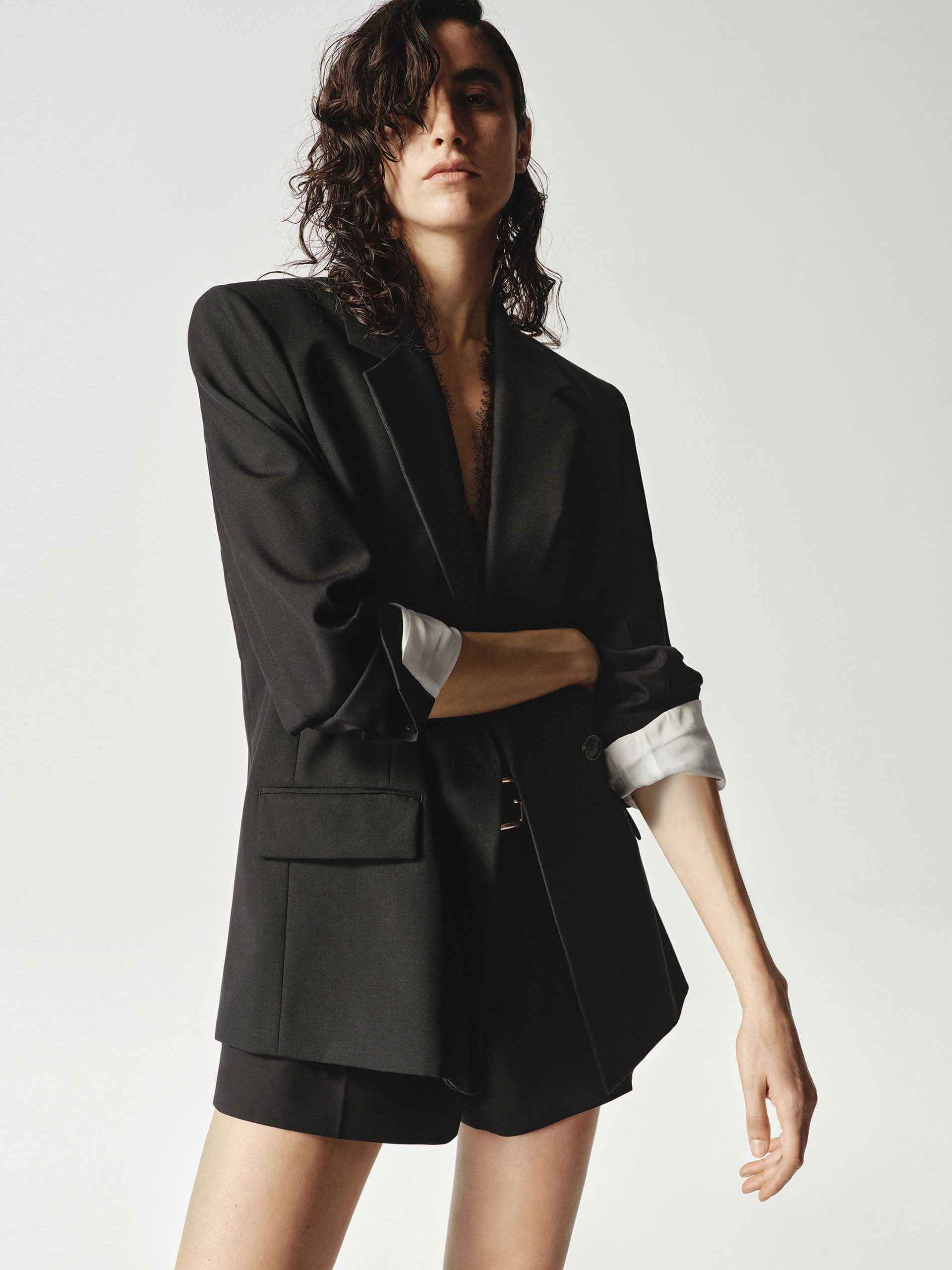 Anti Slip Shoulder Pads Wool Blend Long Blazer