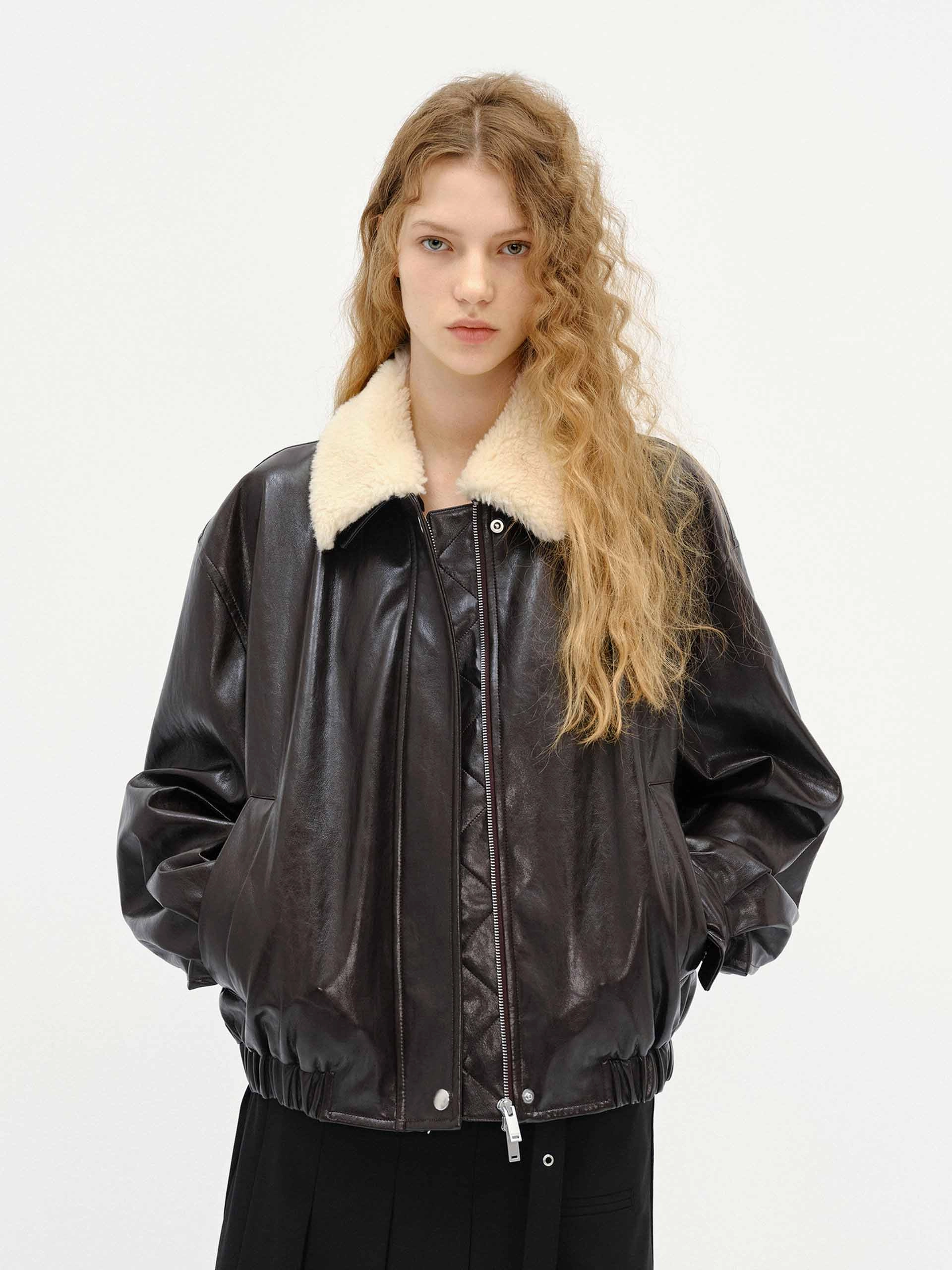 Anti Pilling Textile Fur Collar Leather Coat