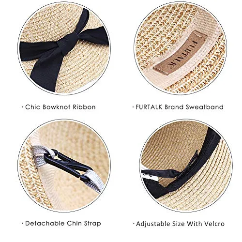 FURTALK Womens Beach Sun Straw Hat UV UPF50 Travel Foldable Brim Summer UV Hat(Large Size (22.4"-23")，Mixed Beige)
