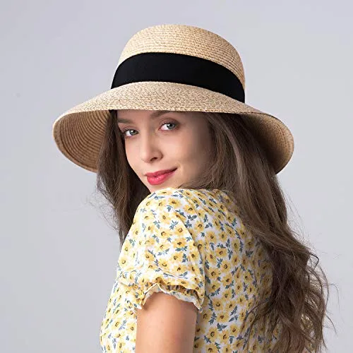 FURTALK Womens Beach Sun Straw Hat UV UPF50 Travel Foldable Brim Summer UV Hat(Large Size (22.4"-23")，Mixed Beige)