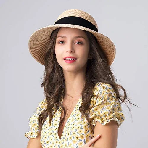 FURTALK Womens Beach Sun Straw Hat UV UPF50 Travel Foldable Brim Summer UV Hat(Large Size (22.4"-23")，Mixed Beige)