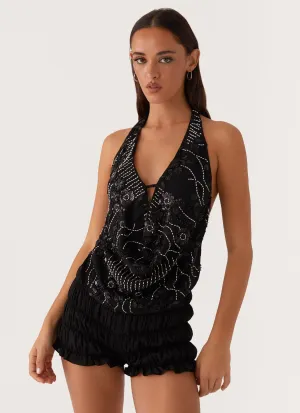 Gail Beaded Cowl Halterneck Top - Black Brushed Inner Layer