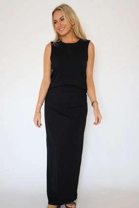 Gail Midi Skirt - True Black Drop Shoulder