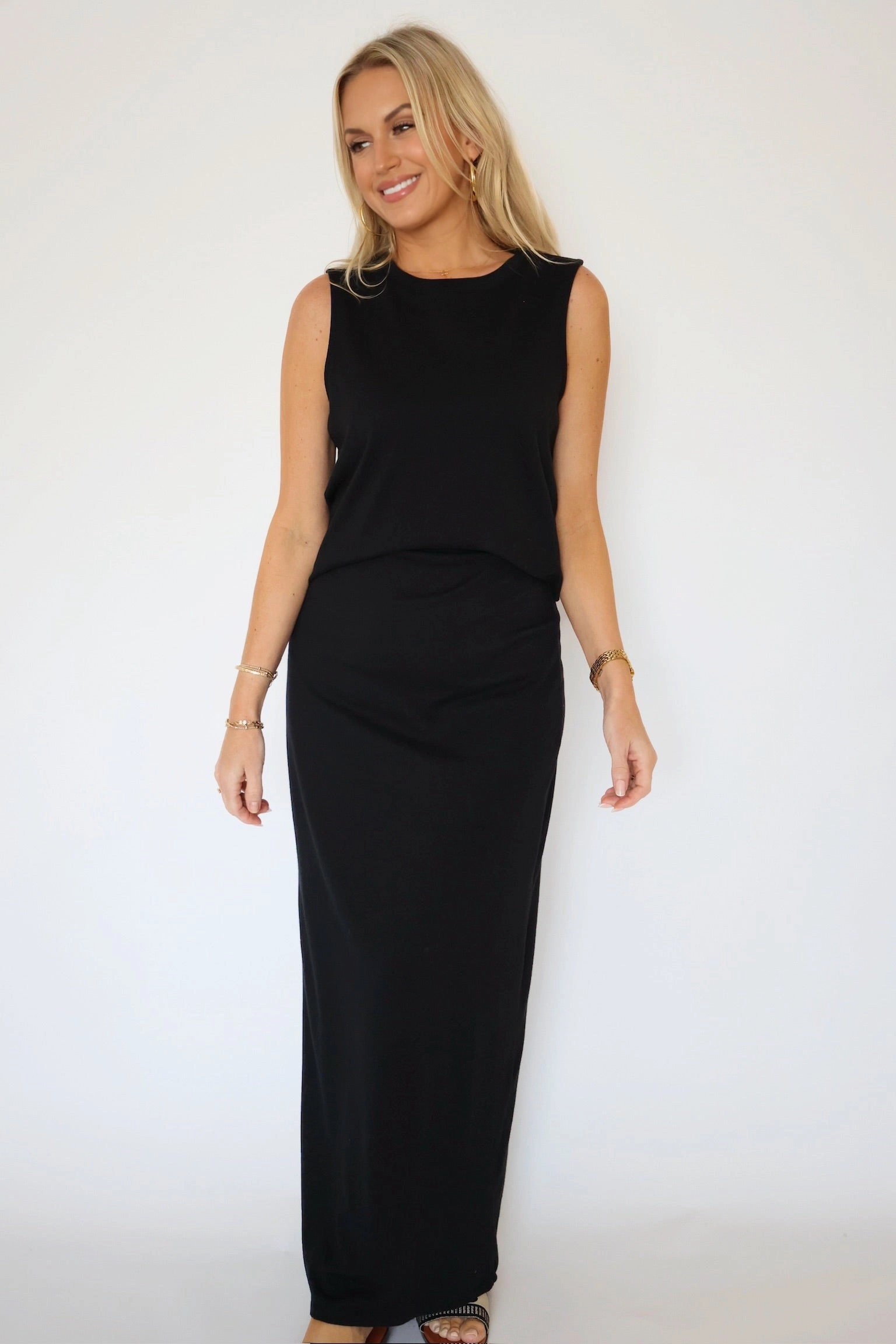 Gail Midi Skirt - True Black Drop Shoulder