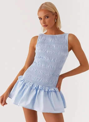 Peplum-Style Garden Kisses Shirred Mini Dress - Blue
