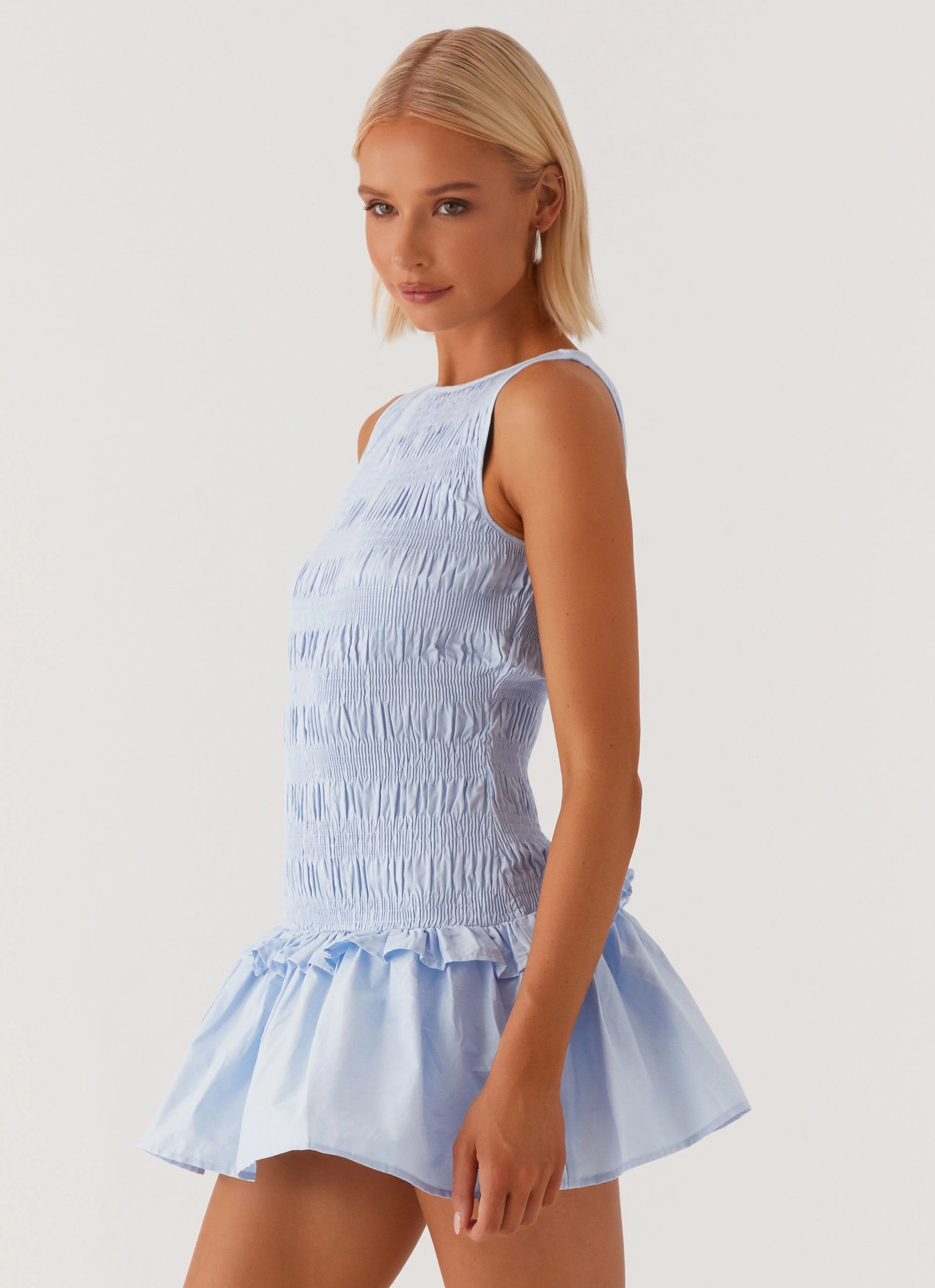 Smart Casual Garden Kisses Shirred Mini Dress - Blue