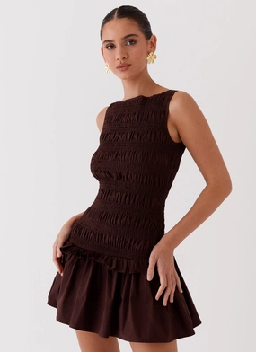 Garden Kisses Shirred Mini Dress - Chocolate Versatile-Style
