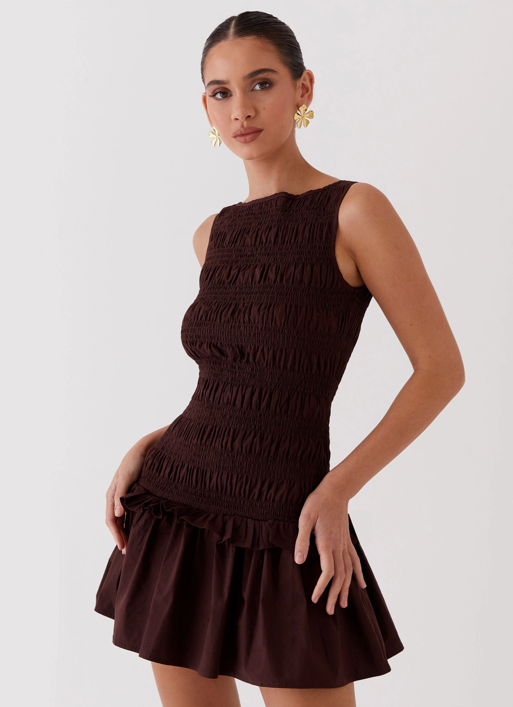 Garden Kisses Shirred Mini Dress - Chocolate Versatile-Style