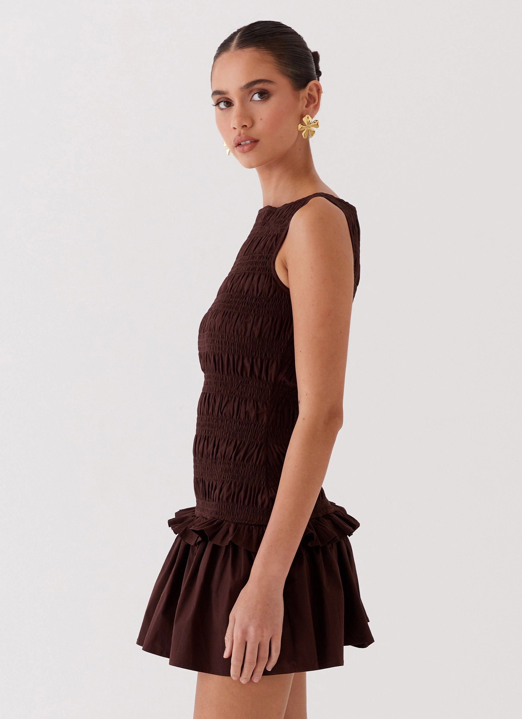 Classic Mood Garden Kisses Shirred Mini Dress - Chocolate