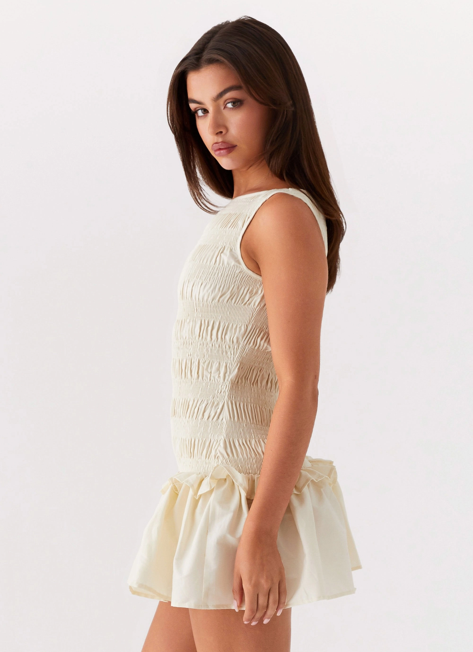 Smart Layer Comfy Wear Garden Kisses Shirred Mini Dress - Ivory