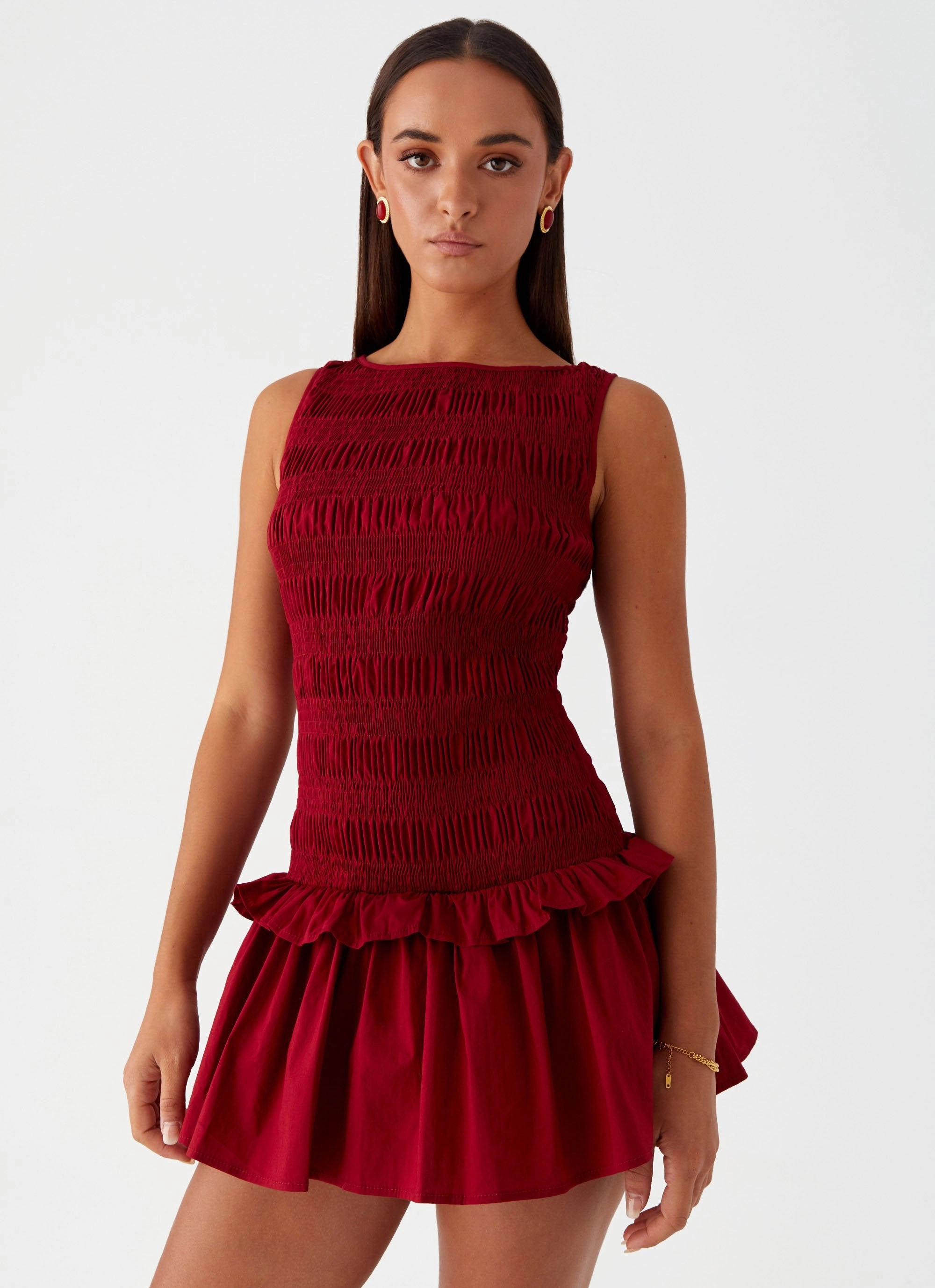 Garden Kisses Shirred Mini Dress - Maroon Work or Casual Theater-Night