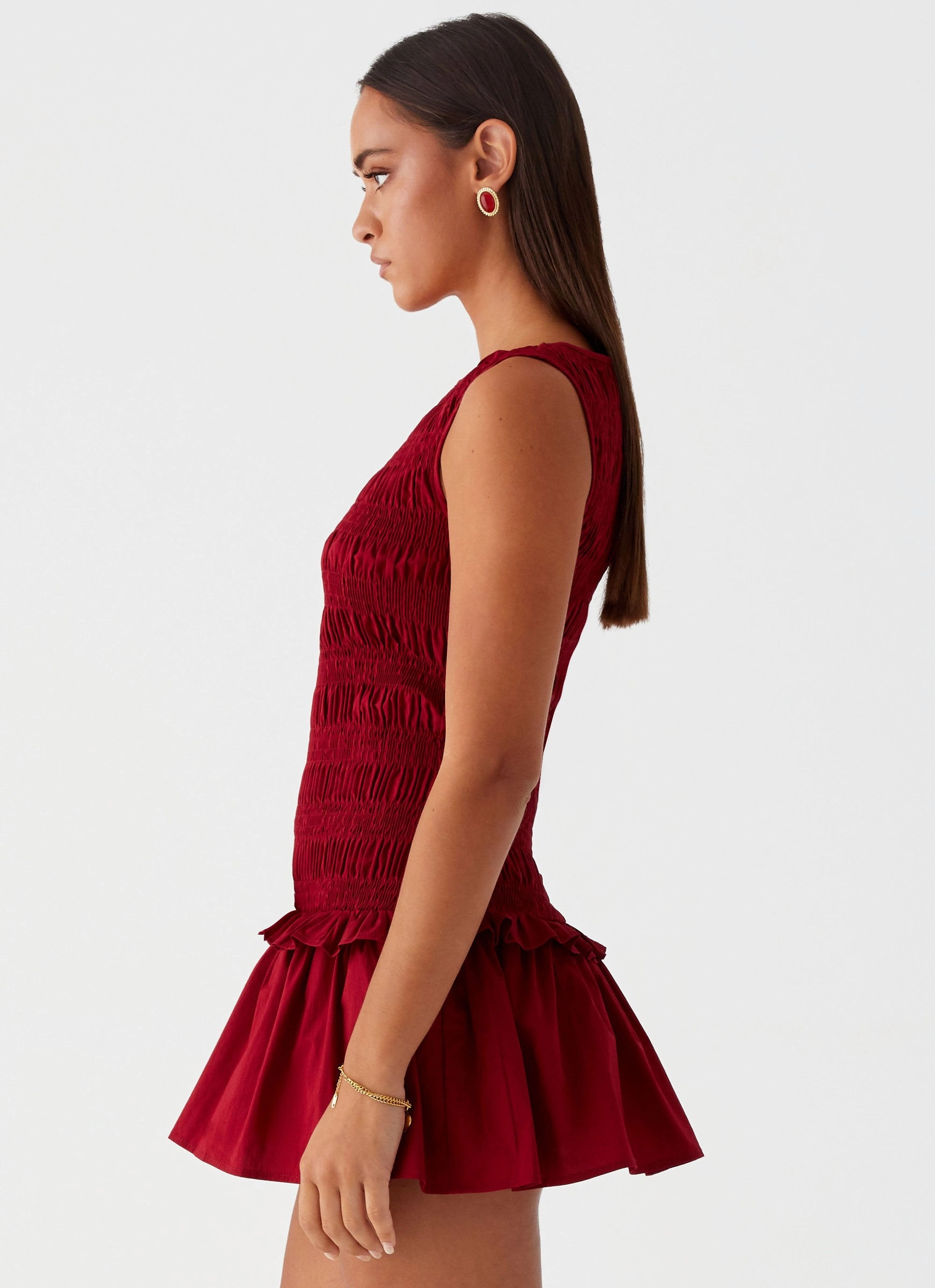 Garden Kisses Shirred Mini Dress - Maroon Multi Season Flowy Cut