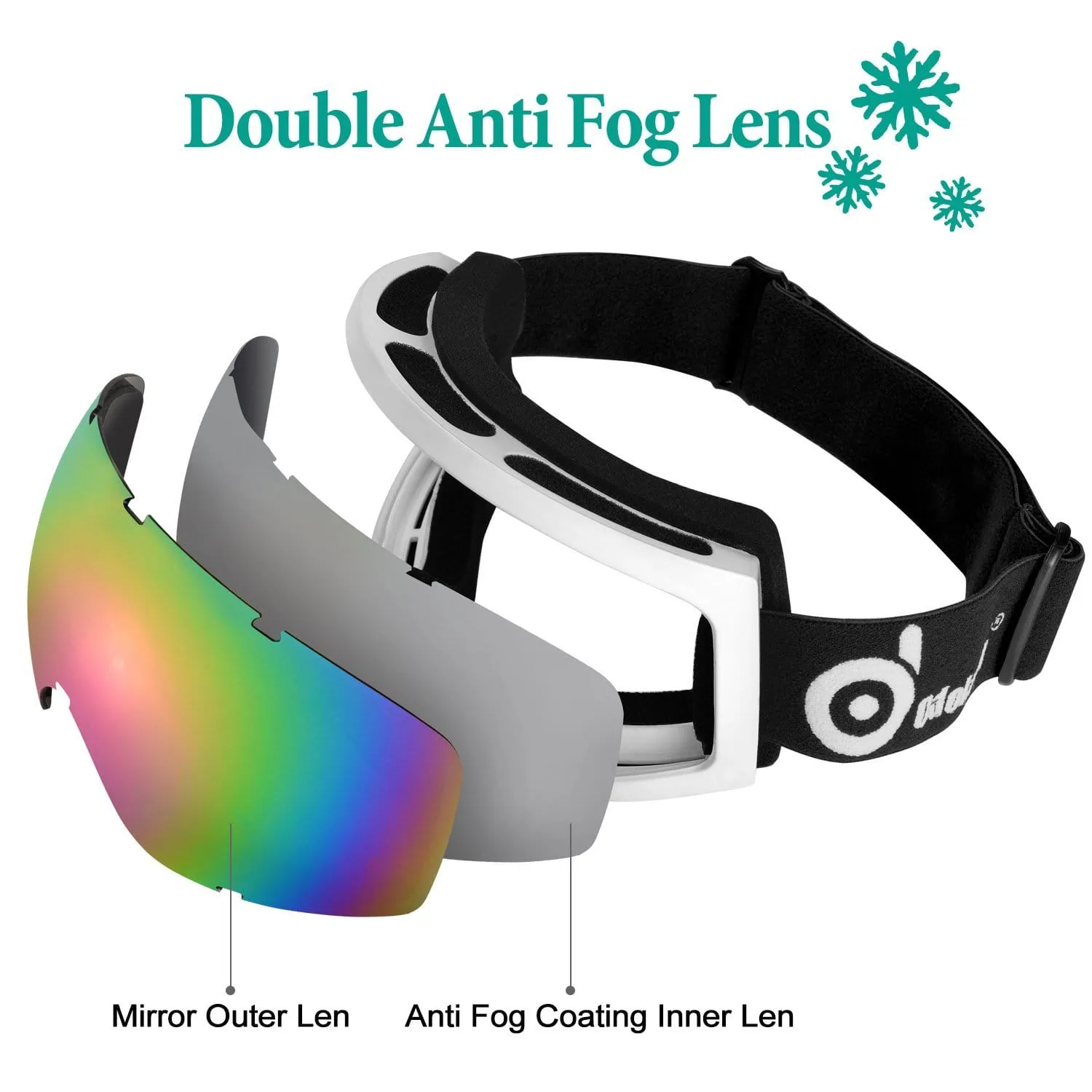 General OTG Ski Goggles for Adult, Double Anti-Fog Lenses with UV400 Protection, ODOLAND S2 Goggles for Snowboarding Skating Sledding, White