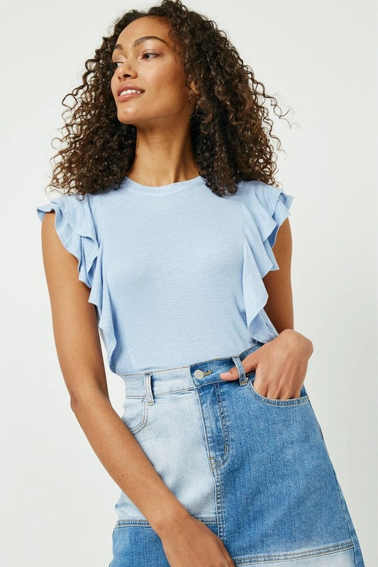 Gia Ruffle Tee - Blue ZeroWaste Construction ribbed texture