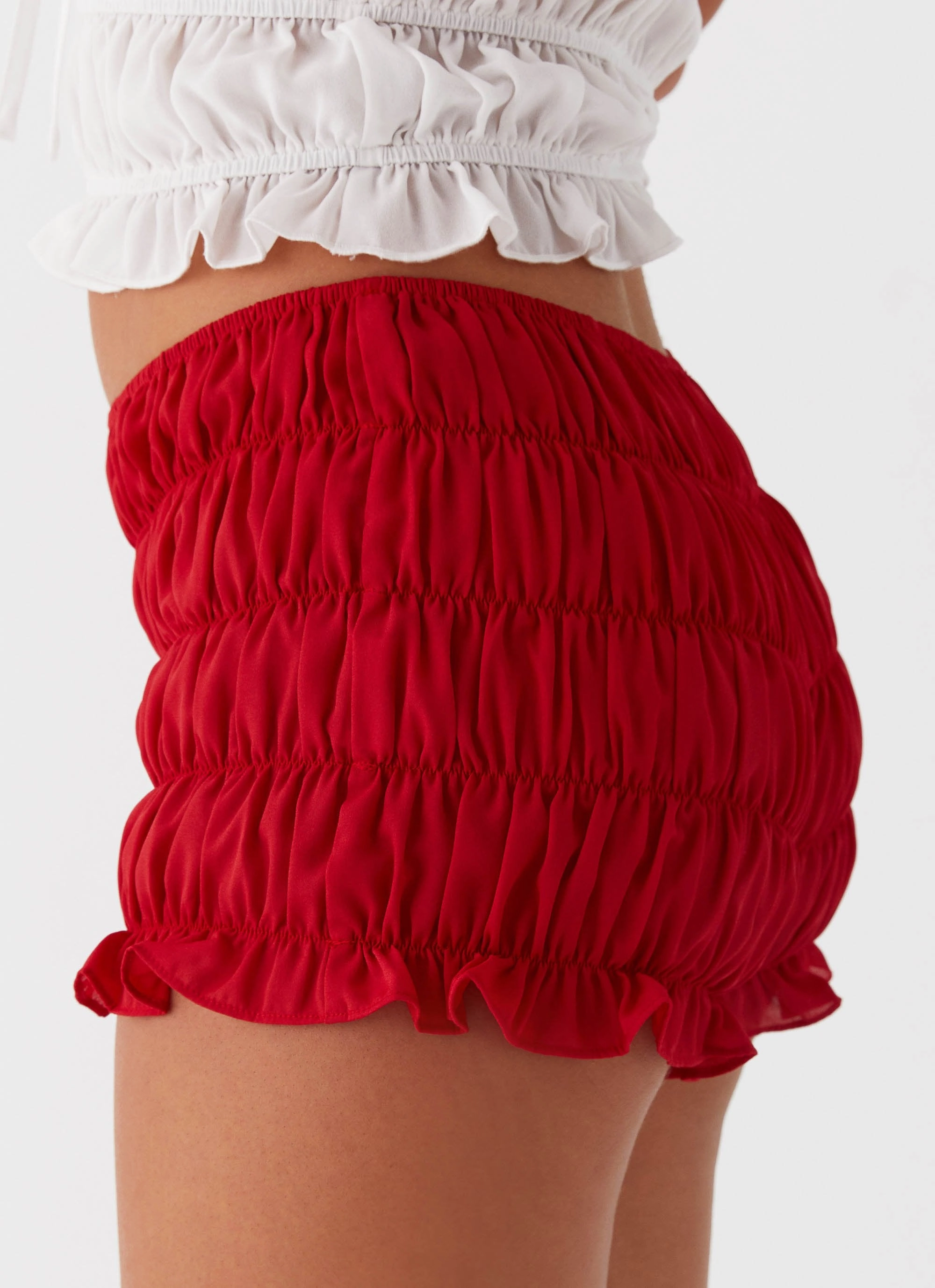 Girls Like Us Ruched Mini Shorts - Red Slim Stretch