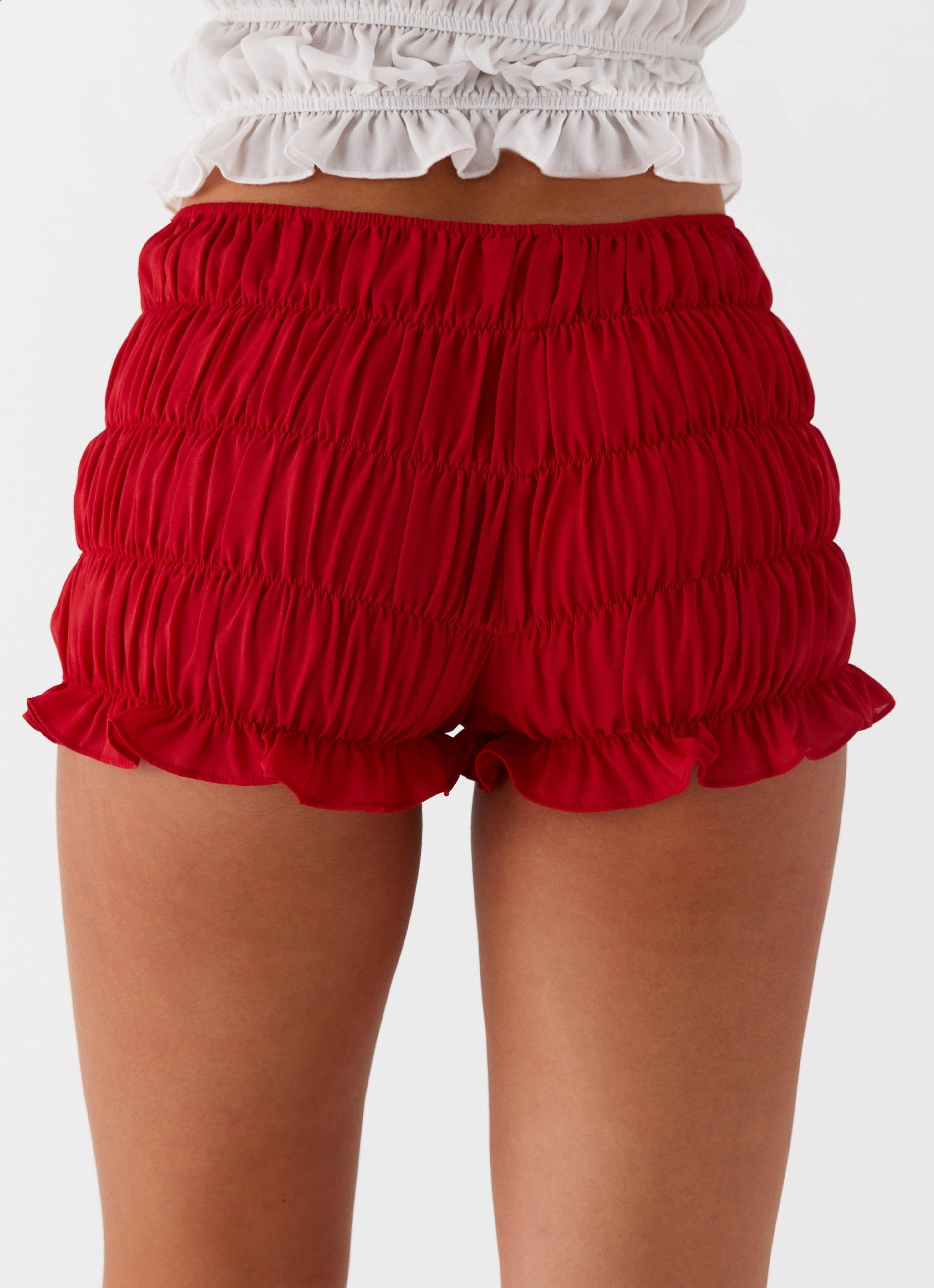 Girls Like Us Ruched Mini Shorts - Red Bi Stretch Fabric