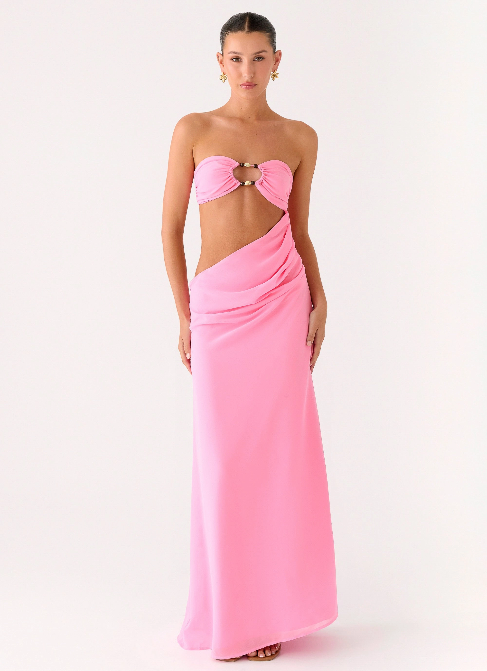 Falling Forever Strapless Beaded Maxi Dress - Pink Subtle Glam Occasion Wear