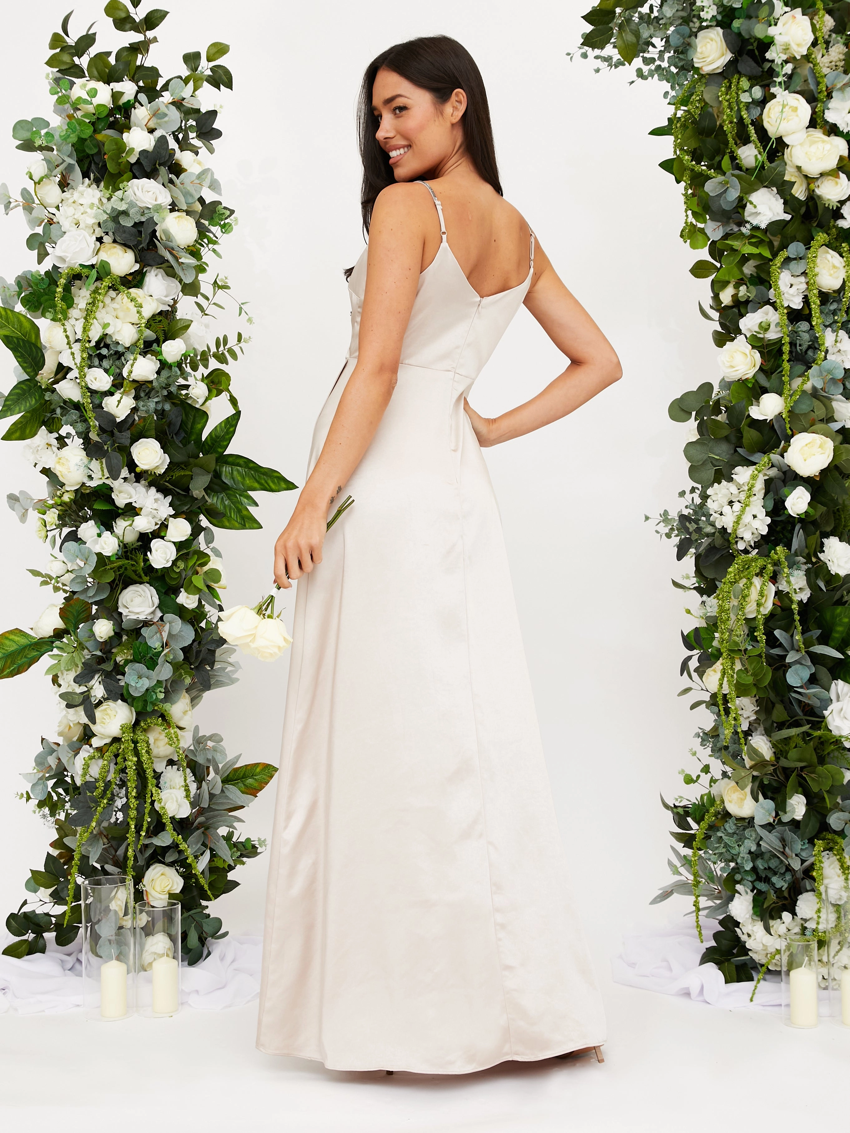 Buckle-Detail Diamante Strap Maxi Satin Dress / Champagne