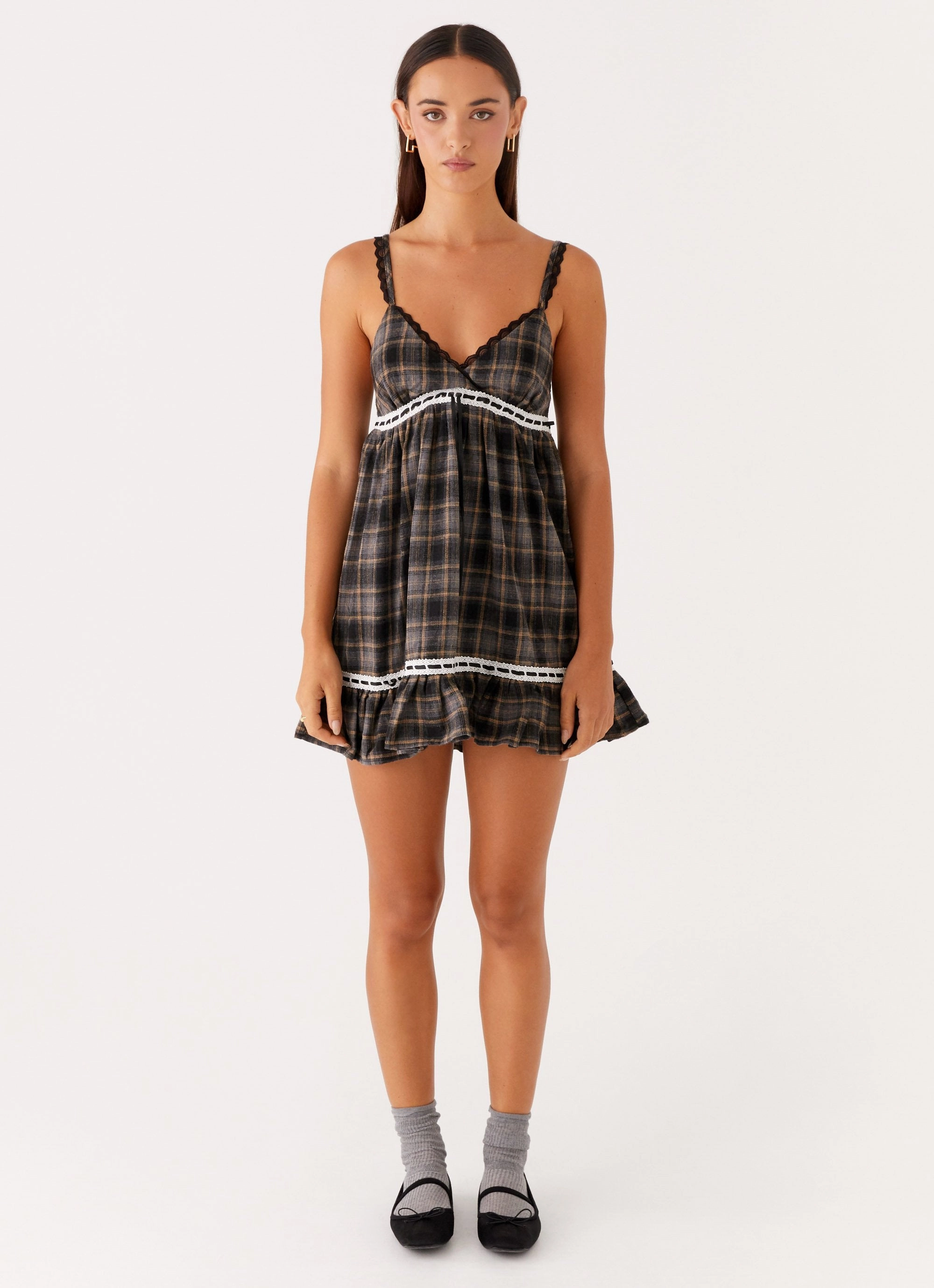 Gretta Mini Dress - Brown Check Soft and Stylish