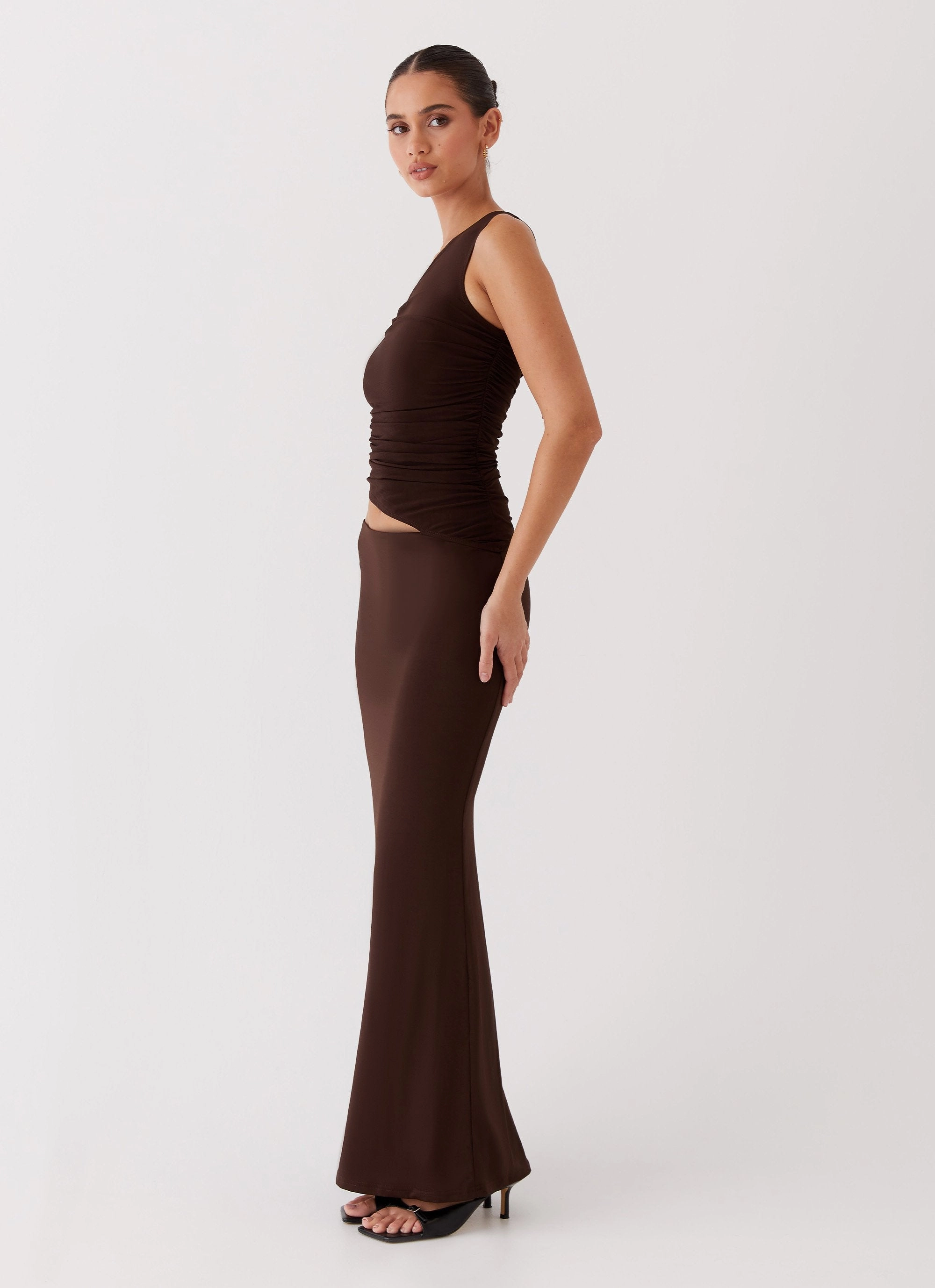 Quick Elegance Seranella One Shoulder Maxi Dress - Chocolate