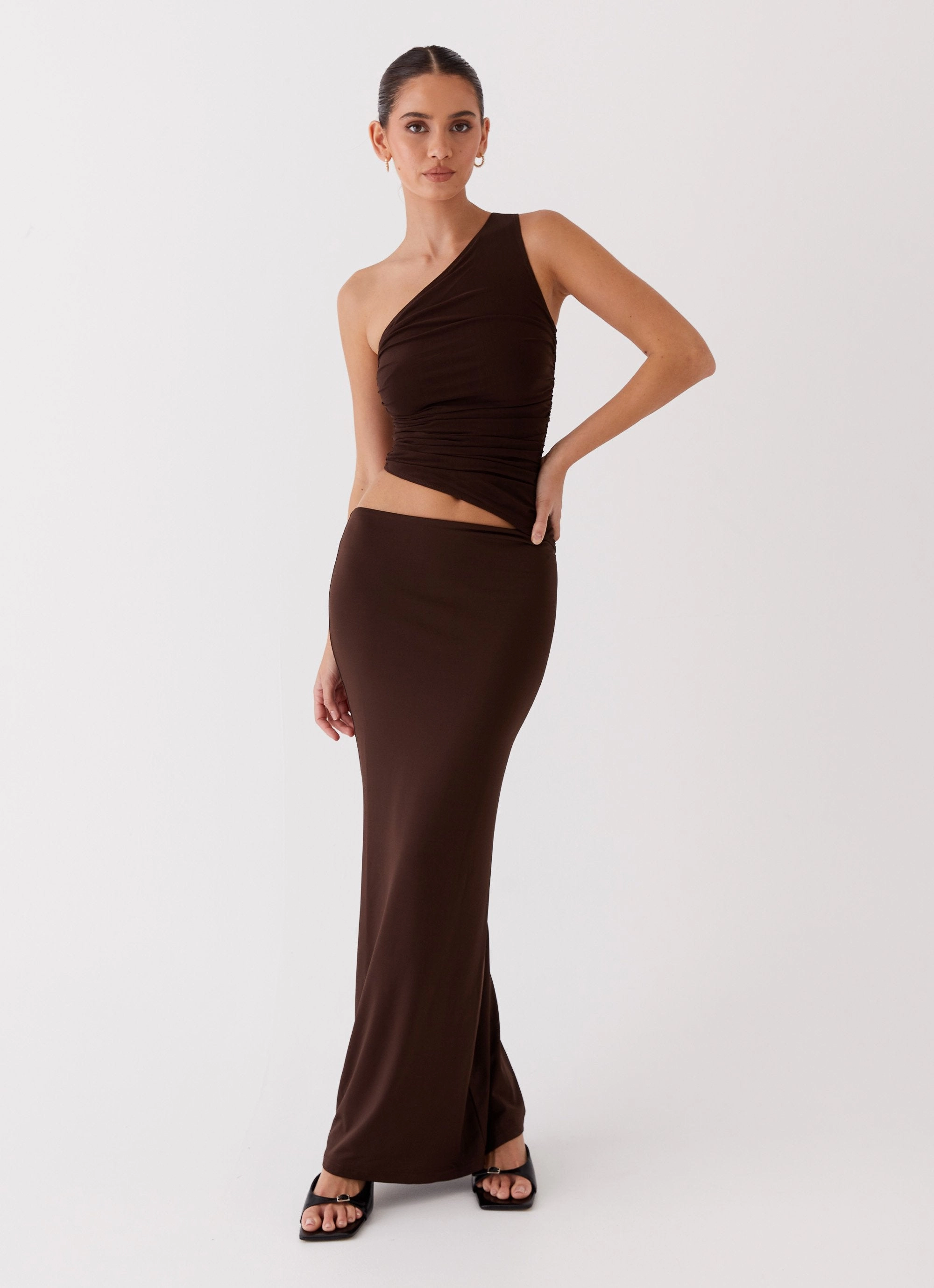 Layering Comfort City Friendly Seranella One Shoulder Maxi Dress - Chocolate