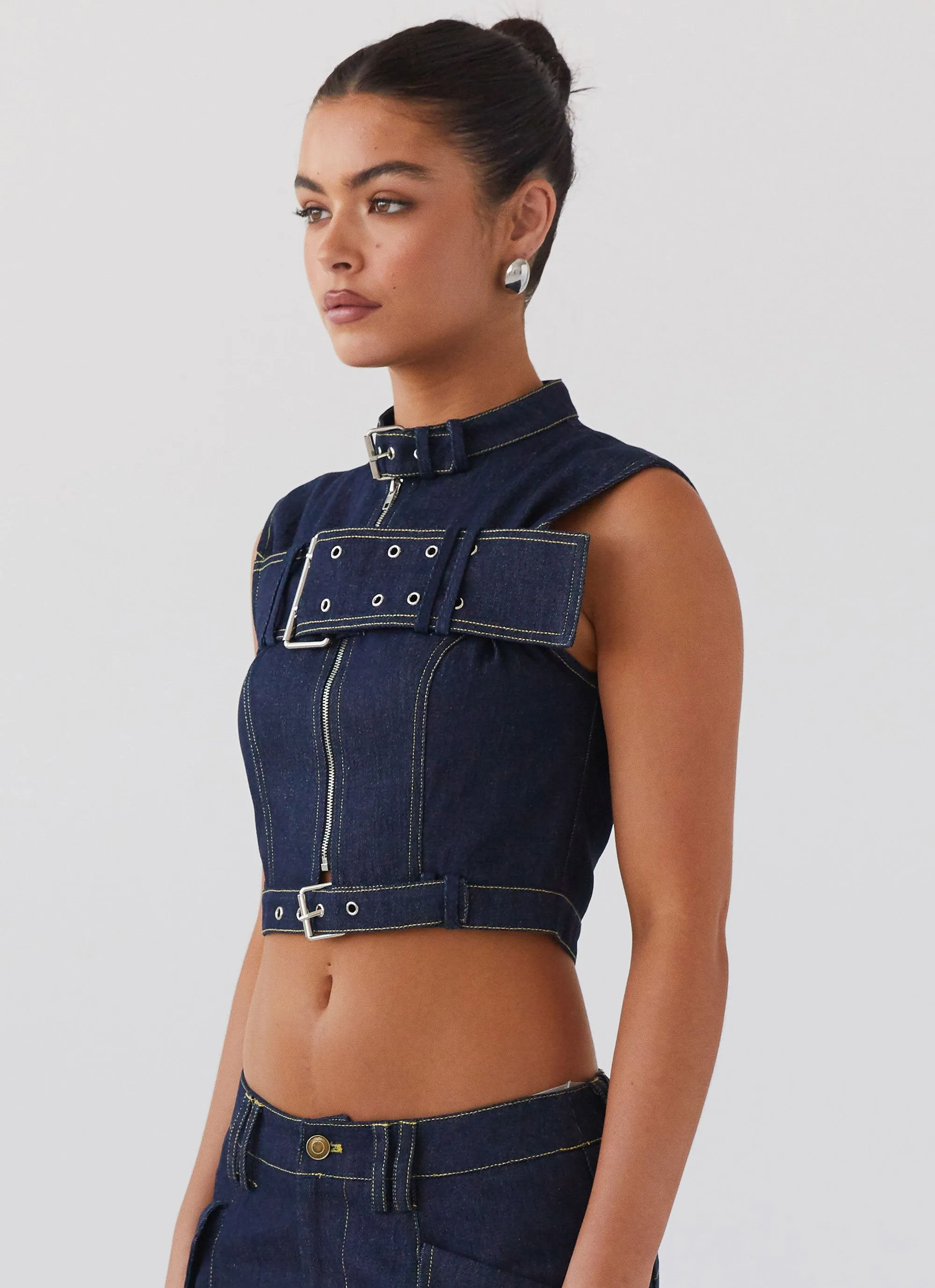 Greedy Denim Buckle Top - Indigo HighNeck