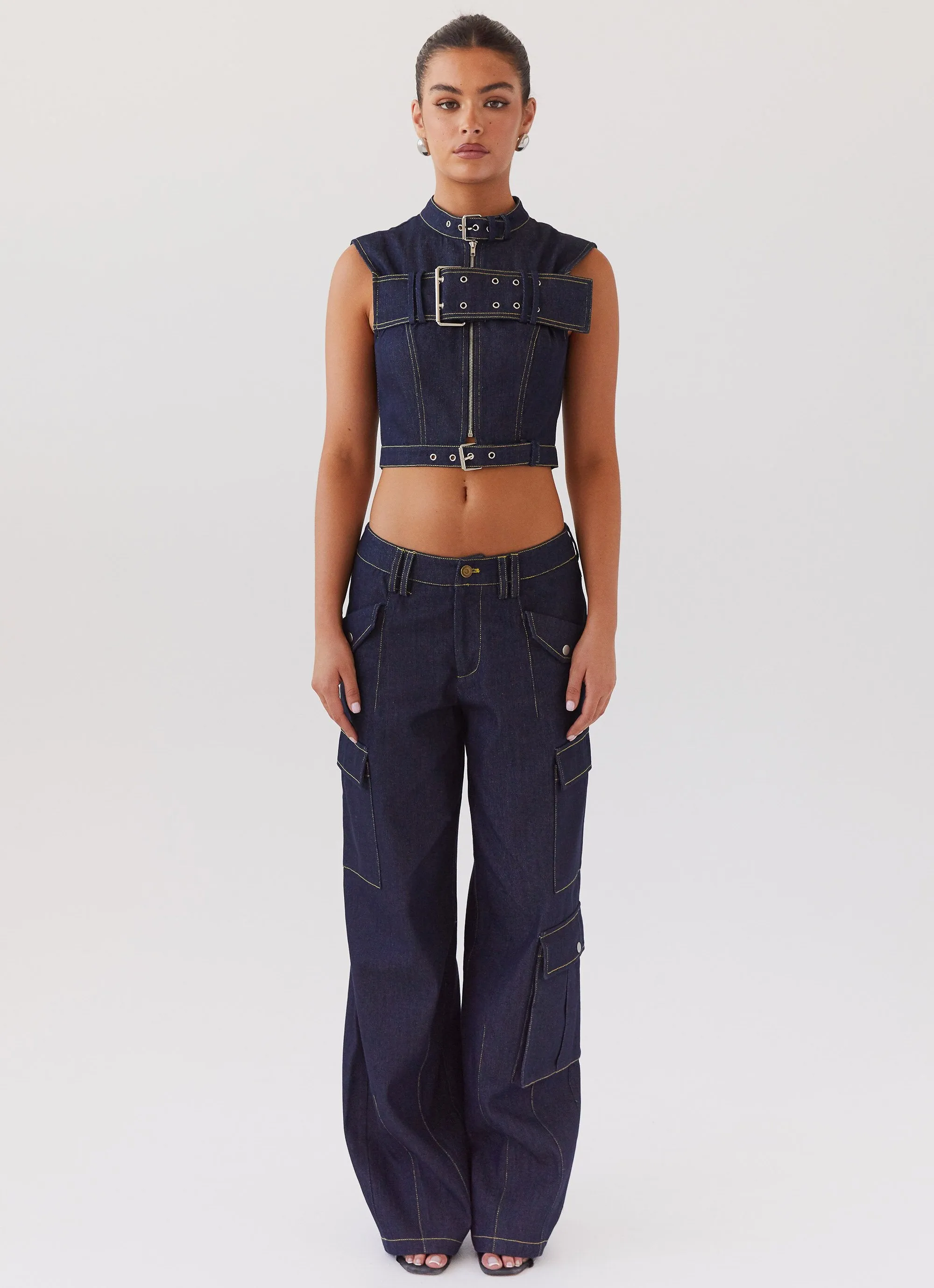 Greedy Denim Buckle Top - Indigo Breathable Underarm Gussets Quick Access Pockets