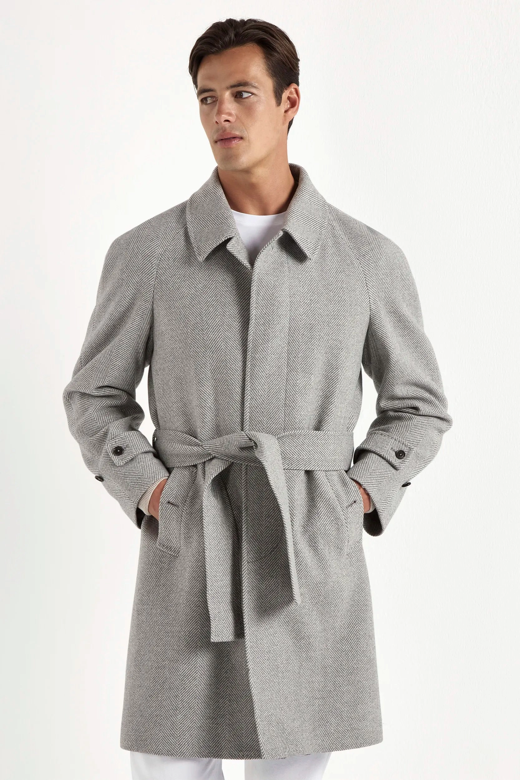 Grey herringbone raglan coat ?C Made in Italy Long Length Secure Internal Pockets