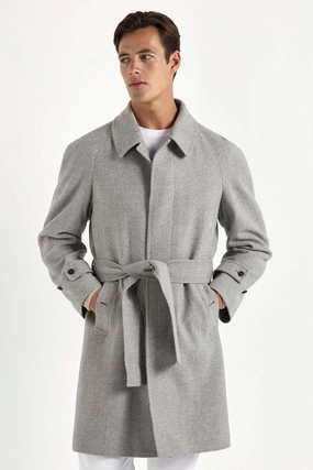 Grey herringbone raglan coat ?C Made in Italy Long Length Secure Internal Pockets