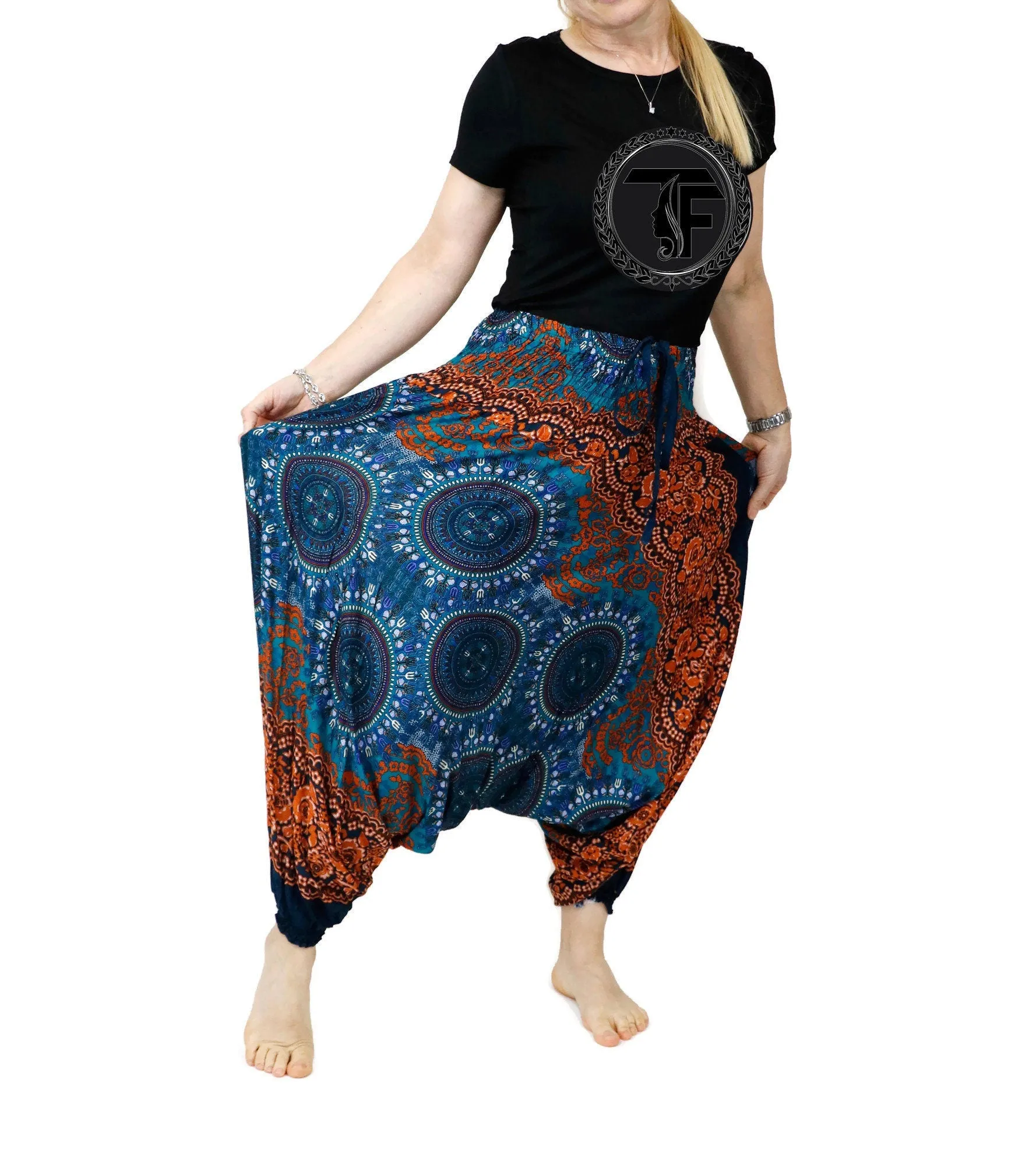 Harem Pants Women Boho Clothing Gypsy Baggy Jumpsuits Rompers Drop Crotch Pants Elastic Waist Casual Maxi Mandala Geometric PH5#5