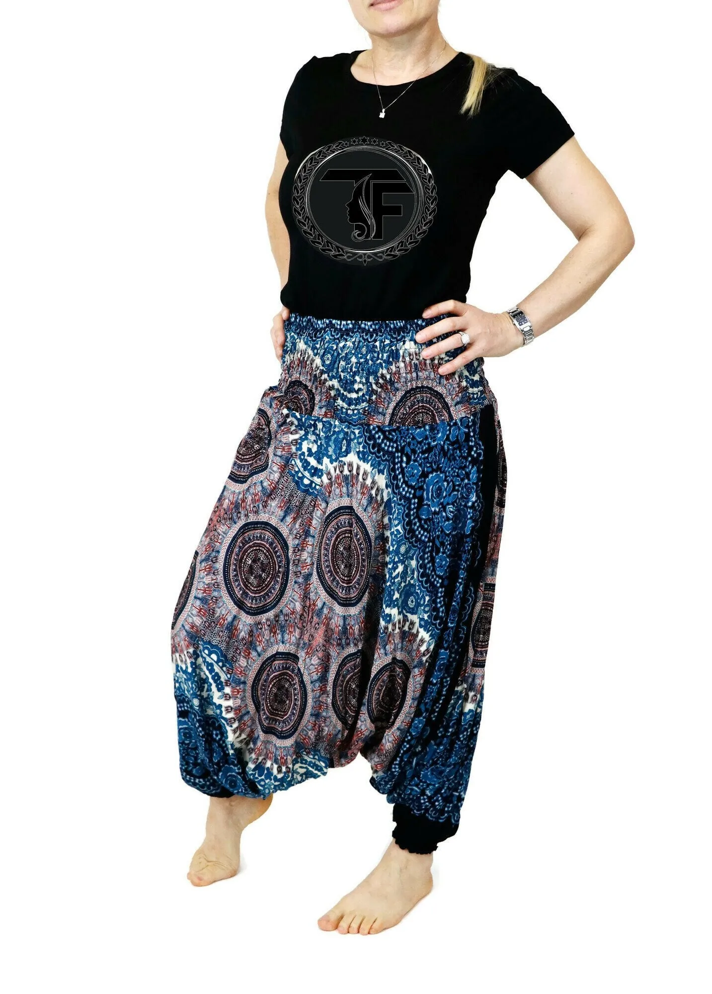 Harem Pants Women Boho Clothing Gypsy Baggy Jumpsuits Rompers Drop Crotch Pants Elastic Waist Casual Maxi Mandala Geometric PH5#5