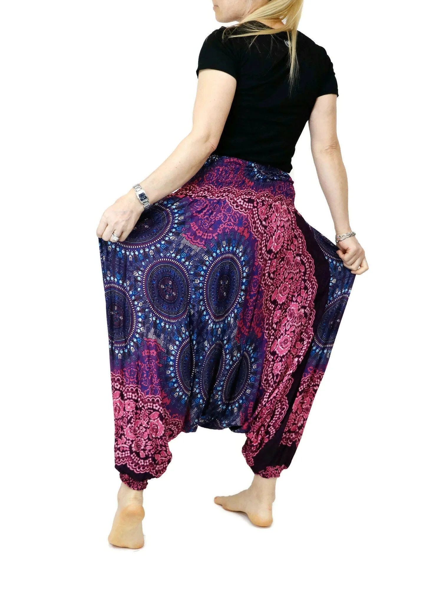 Harem Pants Women Boho Clothing Gypsy Baggy Jumpsuits Rompers Drop Crotch Pants Elastic Waist Casual Maxi Mandala Geometric PH5#5