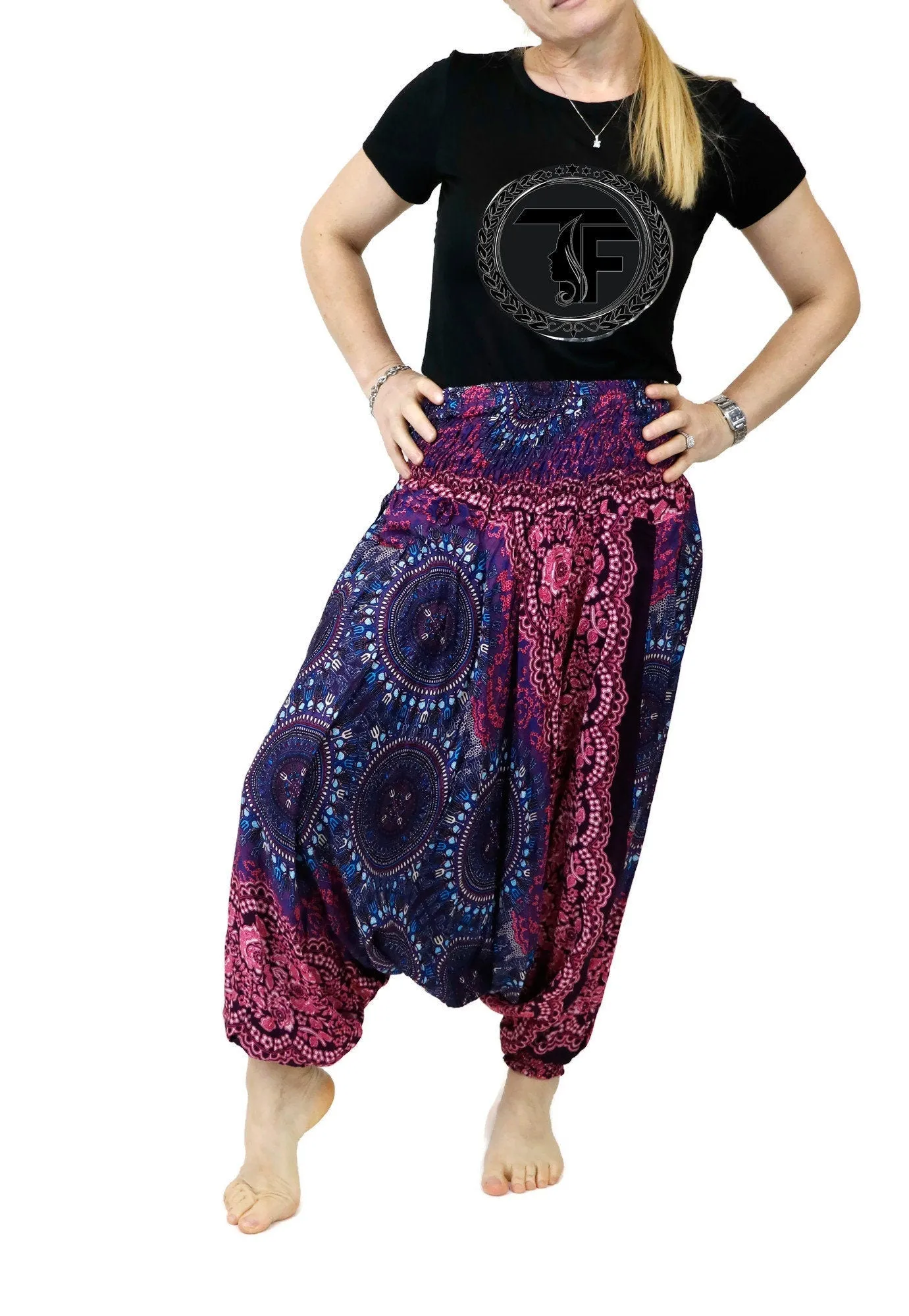Harem Pants Women Boho Clothing Gypsy Baggy Jumpsuits Rompers Drop Crotch Pants Elastic Waist Casual Maxi Mandala Geometric PH5#5