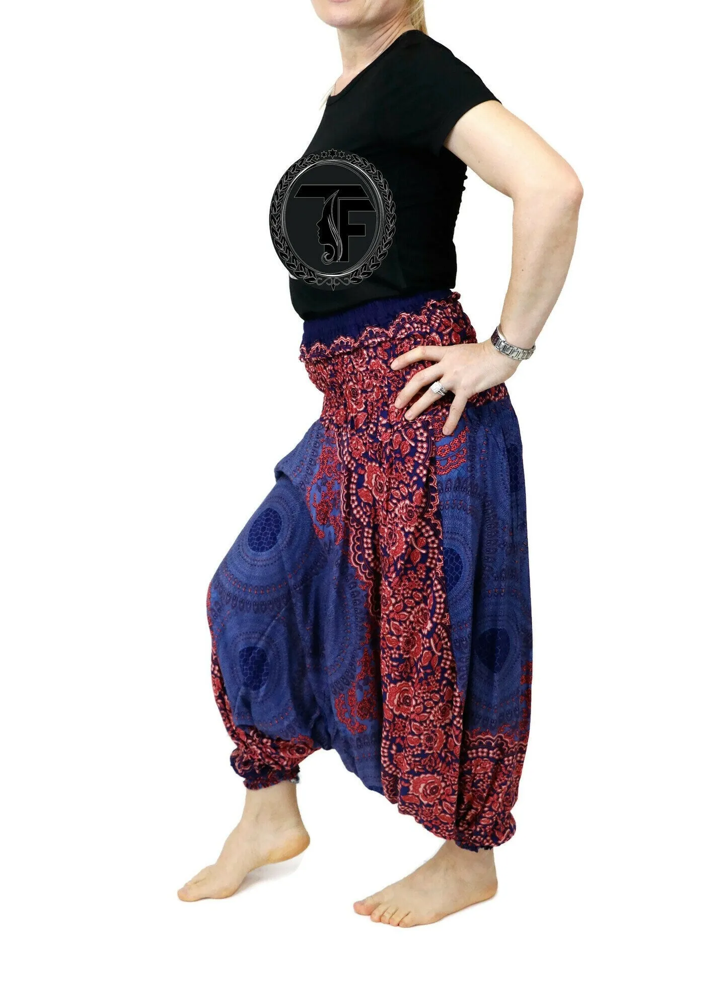 Harem Pants Women Boho Clothing Gypsy Baggy Jumpsuits Rompers Drop Crotch Pants Elastic Waist Casual Pant Mandala Geometric PH05