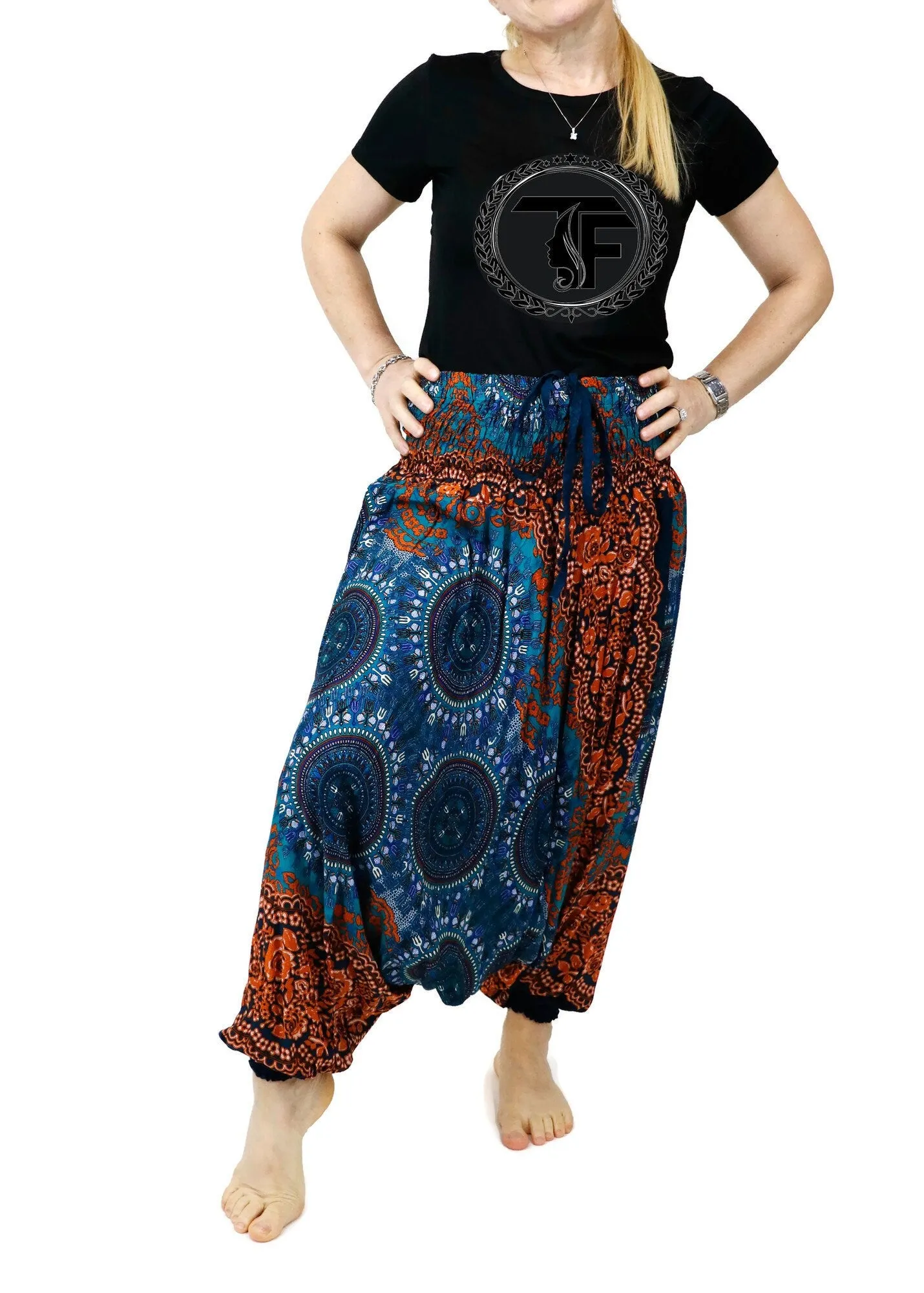 Harem Pants Women Boho Clothing Gypsy Baggy Jumpsuits Rompers Drop Crotch Pants Elastic Waist Casual Pants Mandala Geometric Festival