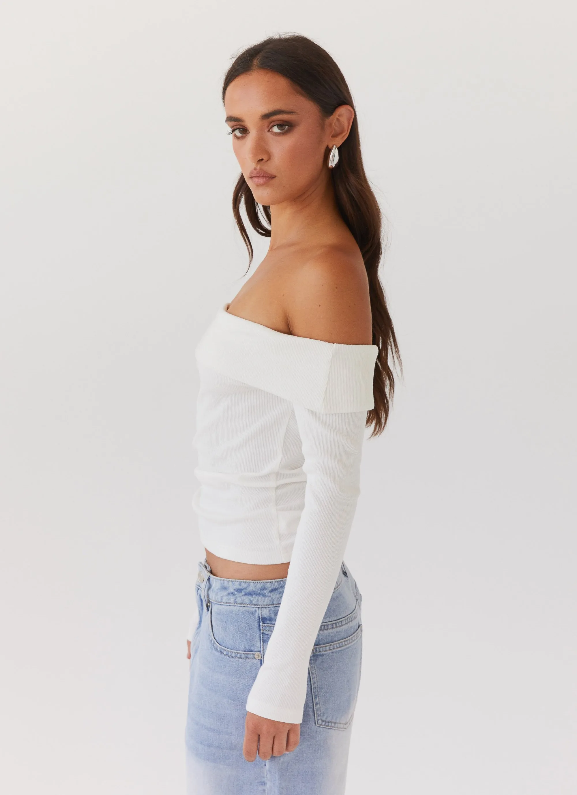 ButtonDownCollar Soft Touch Fabric Hayley Long Sleeve Ribbed Top - White