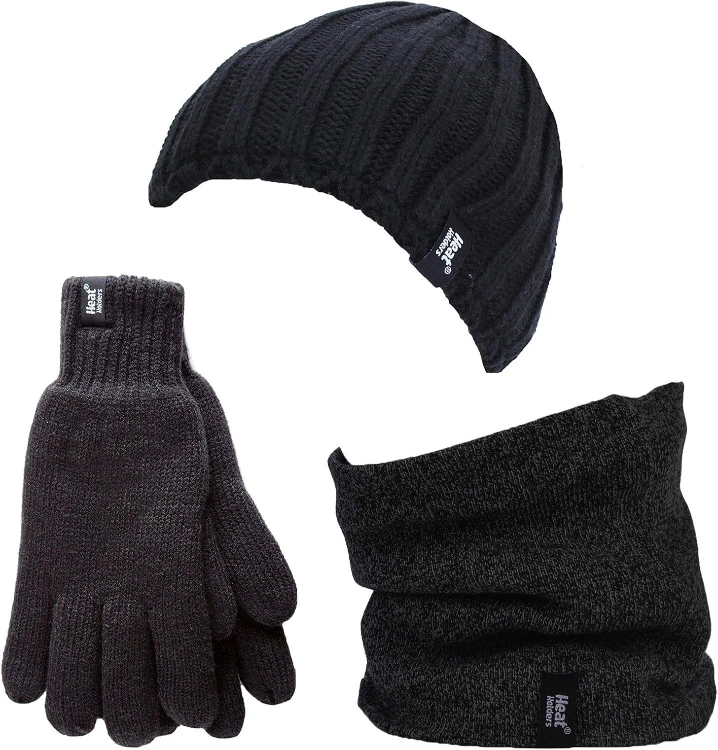 HEAT HOLDERS - Thermal Winter Fleece Cable Knit Hat, Neck Warmer and Gloves Set for Men