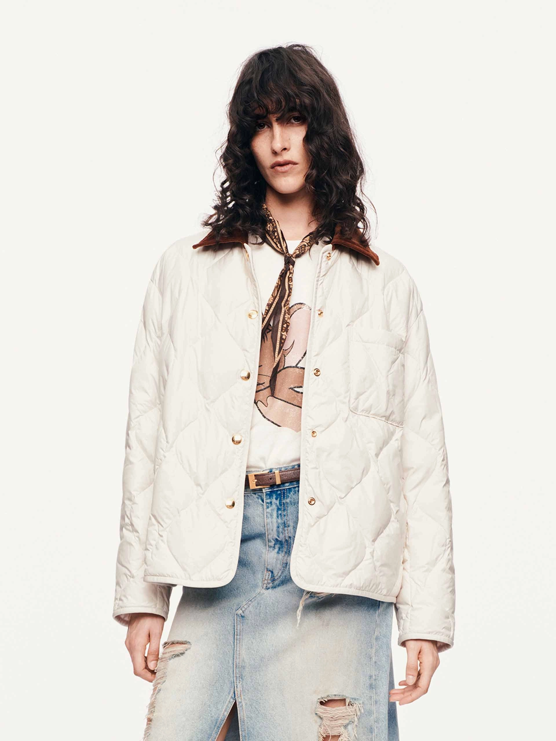 Contrast Collar Down Jacket AdjustableDrawstring