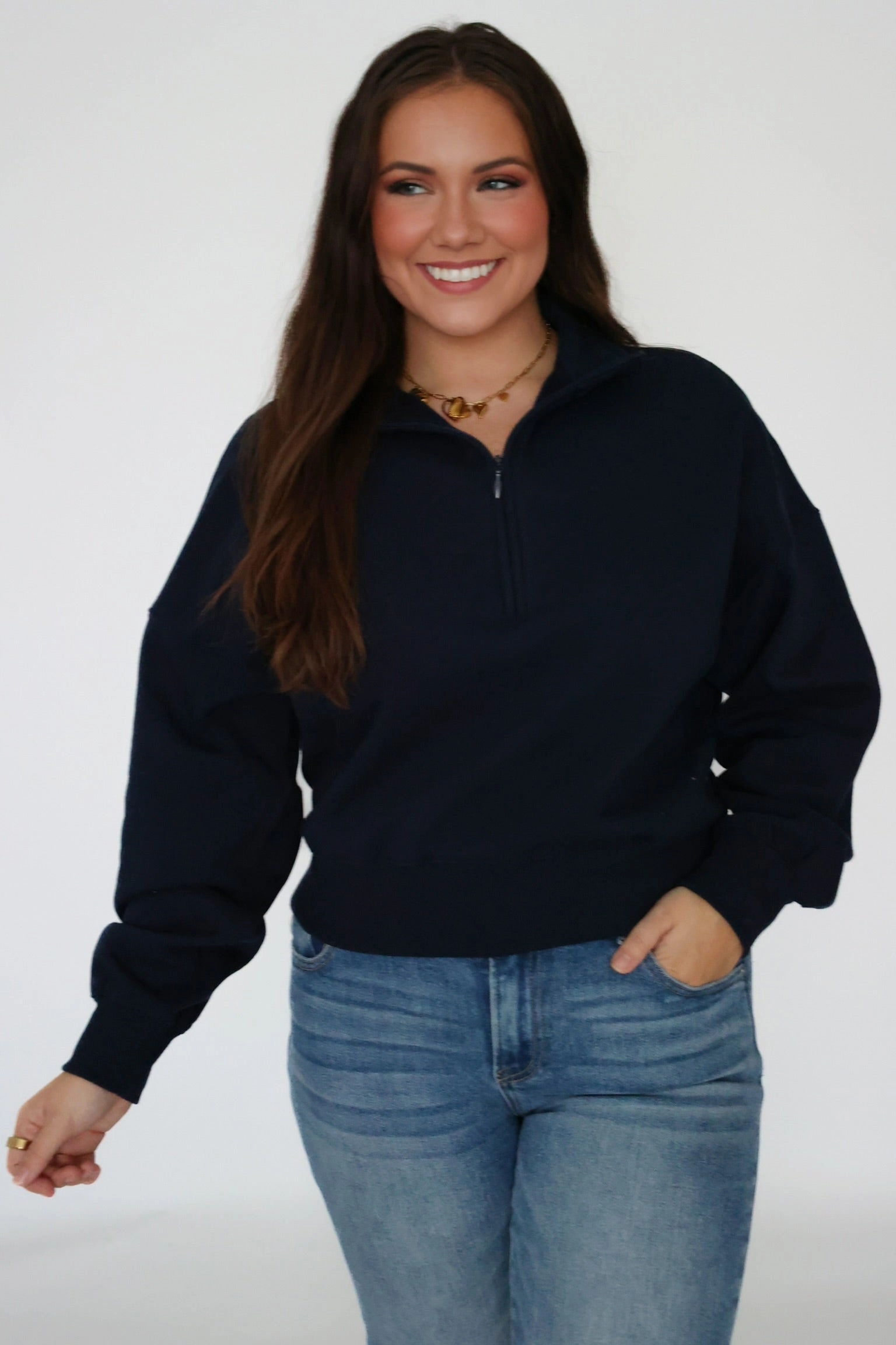 Soft Touch Feel Sporty Half Zip Sweatshirt- Navy