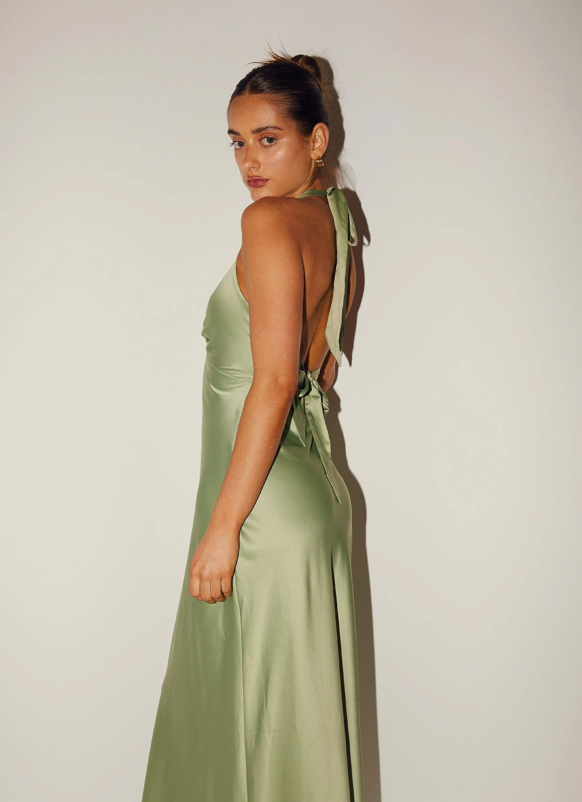 Simple Layer Sophisticated Elegance Heavy Hearted Satin Maxi Dress - Sage