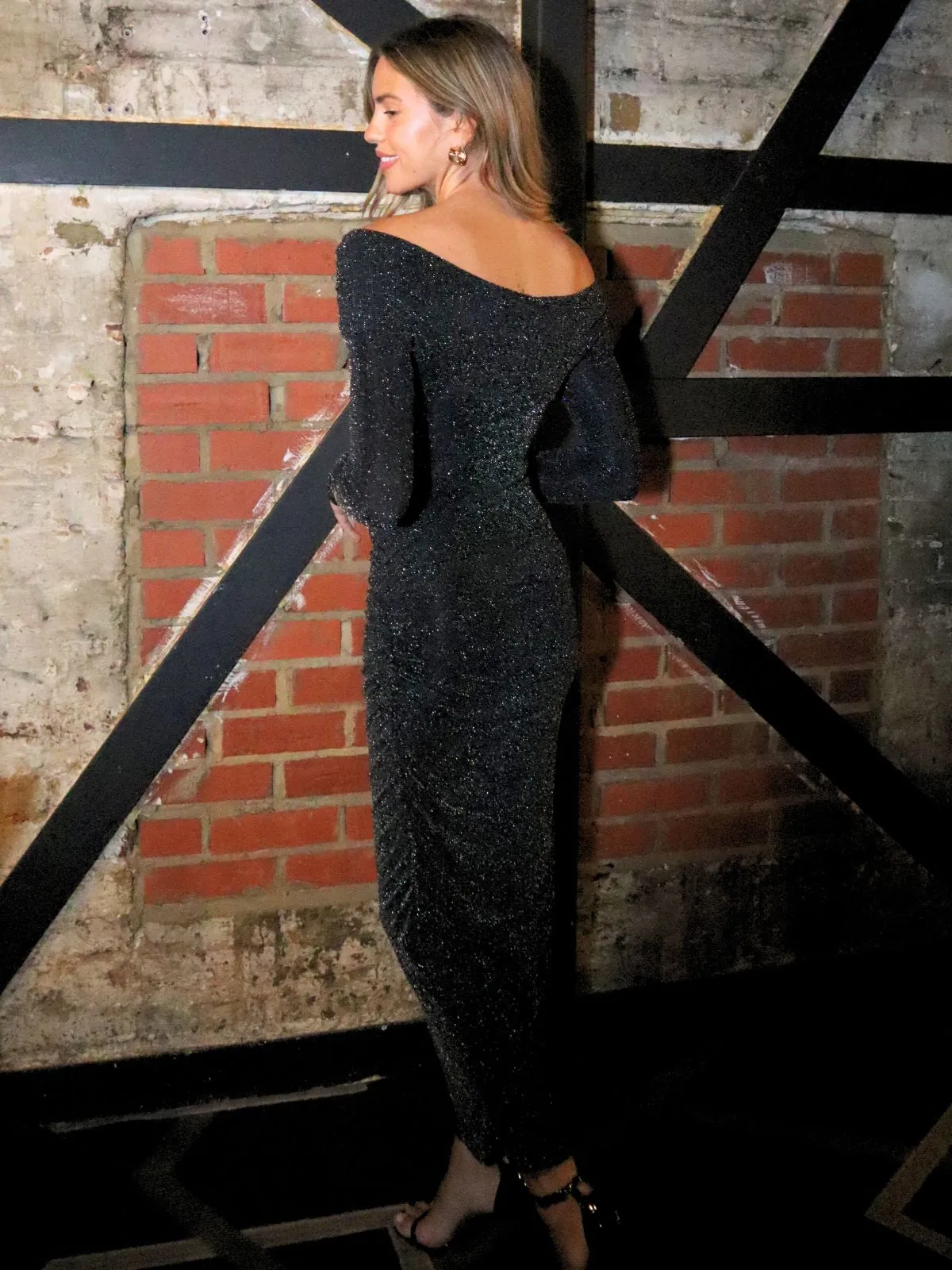 Heidi Sparkle Bardot Dress in Black Feminine empire waist dress