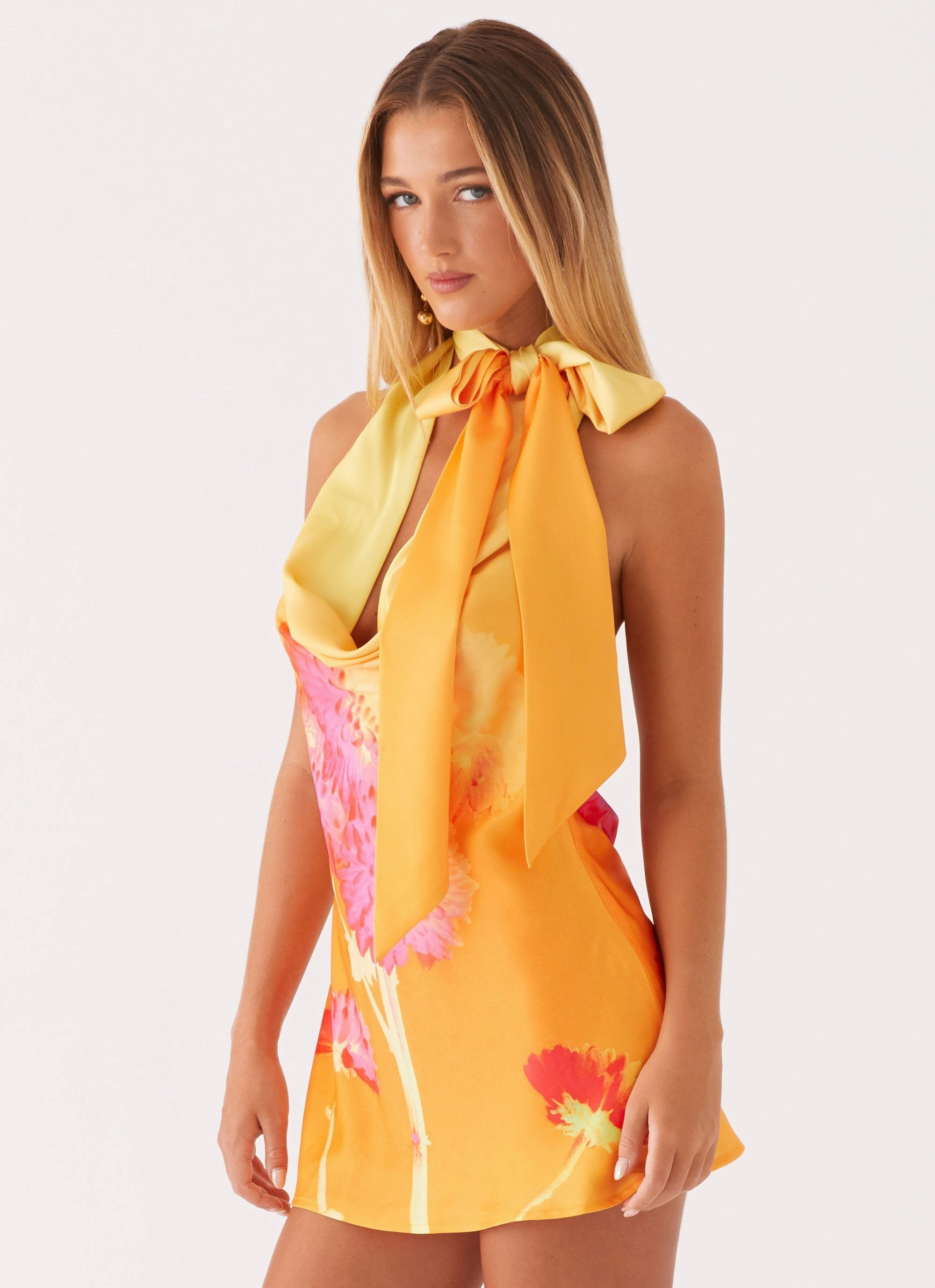 Satin Fabric Contrast-Panel Heidi Mini Dress - Orange Floral