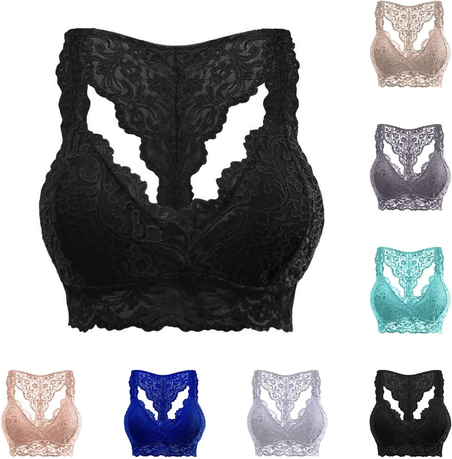 HGps8w Women Sexy Racerback Lace Bra Floral Lace Padded Breathable Breathable Bralette Bustier Sports Bras Crop Tops