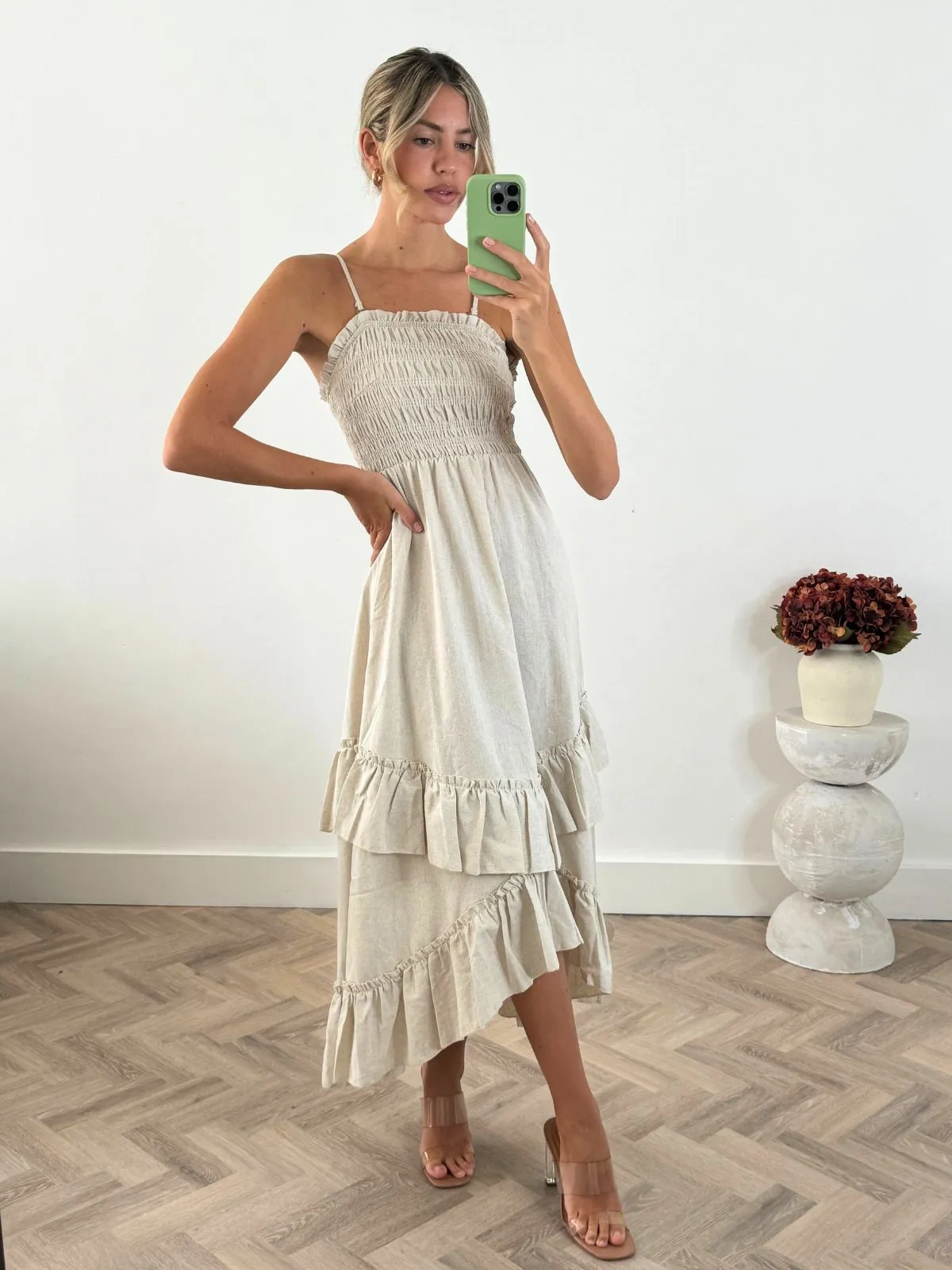 Bessie Shirred Frill Midi Dress in Cream Seasonal Wear Side Slit