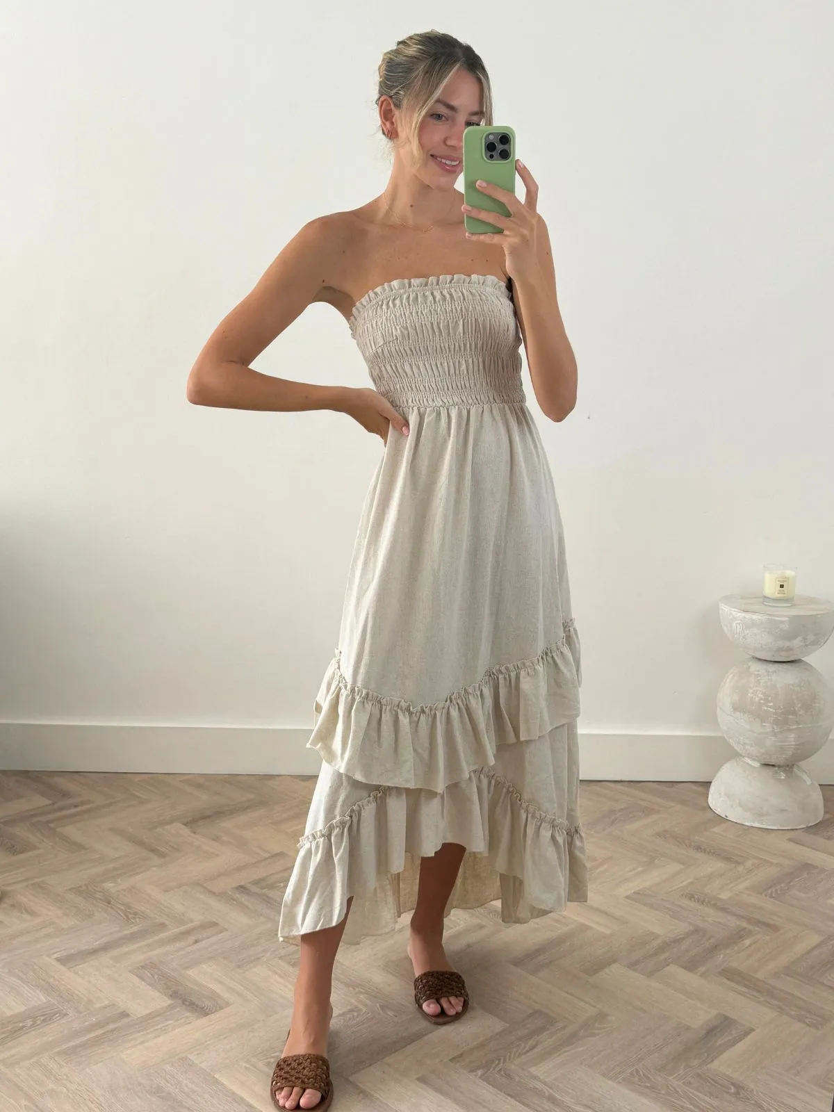 Bessie Shirred Frill Midi Dress in Cream Timeless Style Bold Pattern