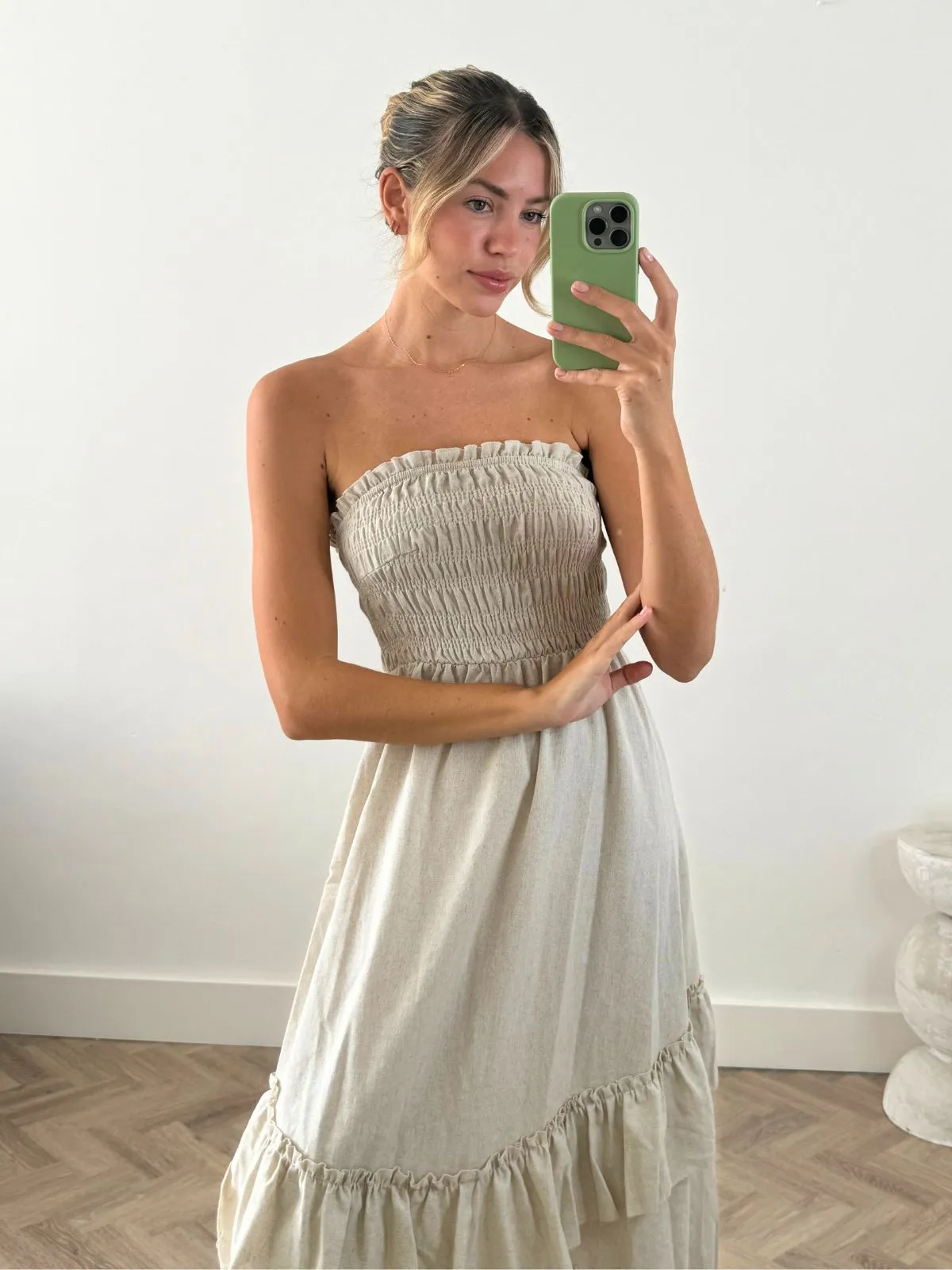 Smooth Drape Bessie Shirred Frill Midi Dress in Cream