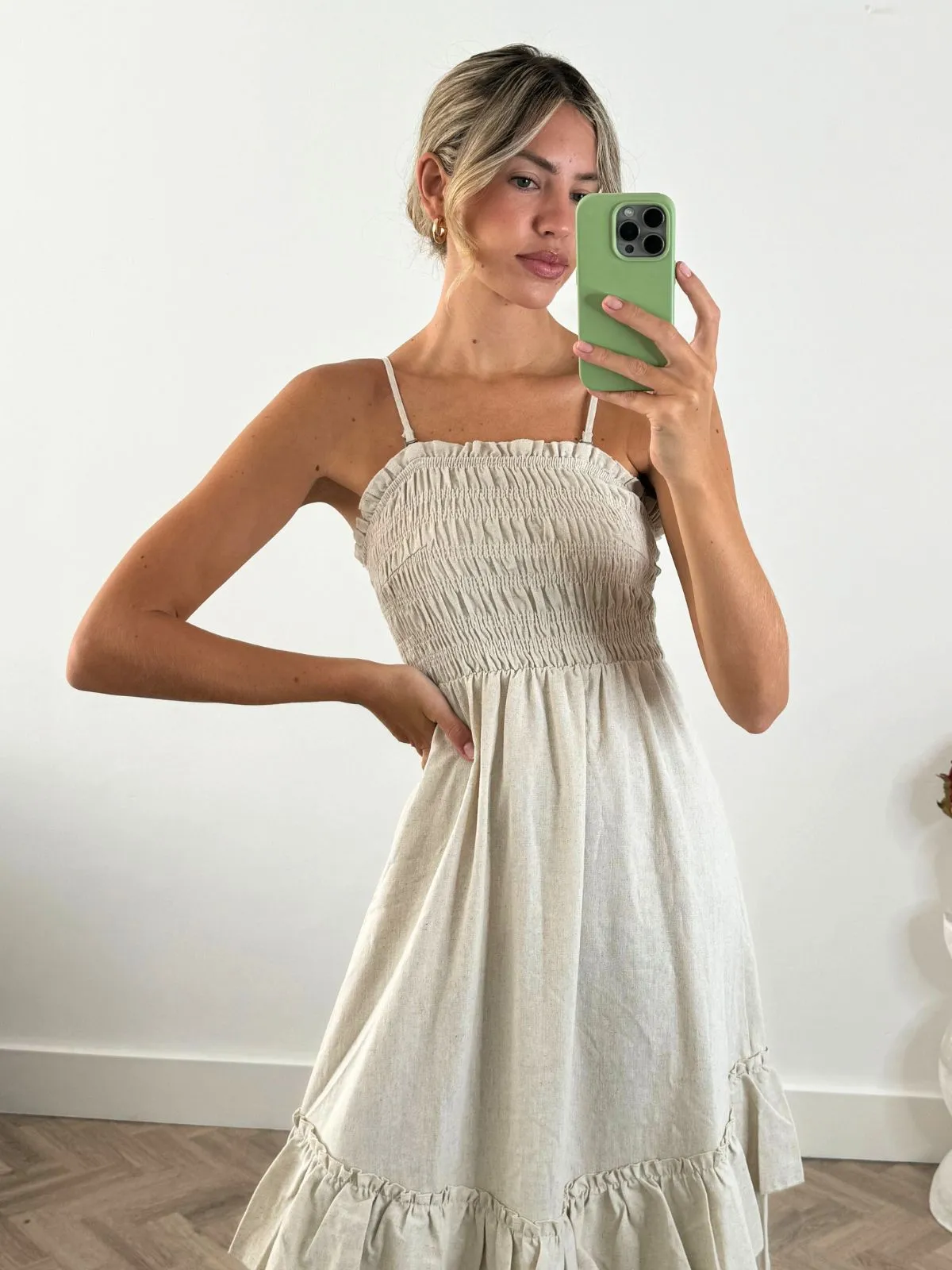 Bessie Shirred Frill Midi Dress in Cream Layering Piece Body Confidence